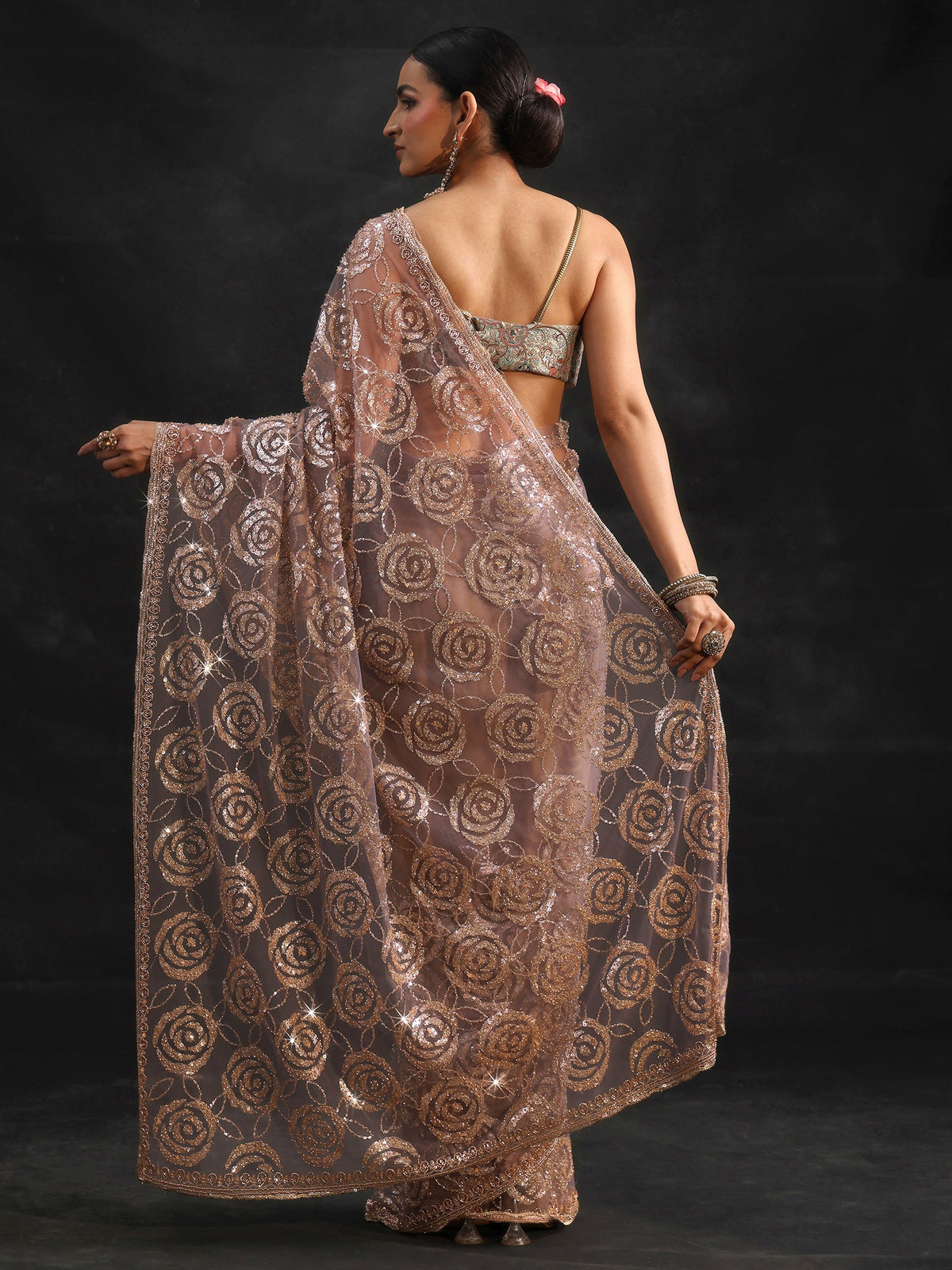 Anouk Art Lavender Sequinned Rosette Design Net Saree