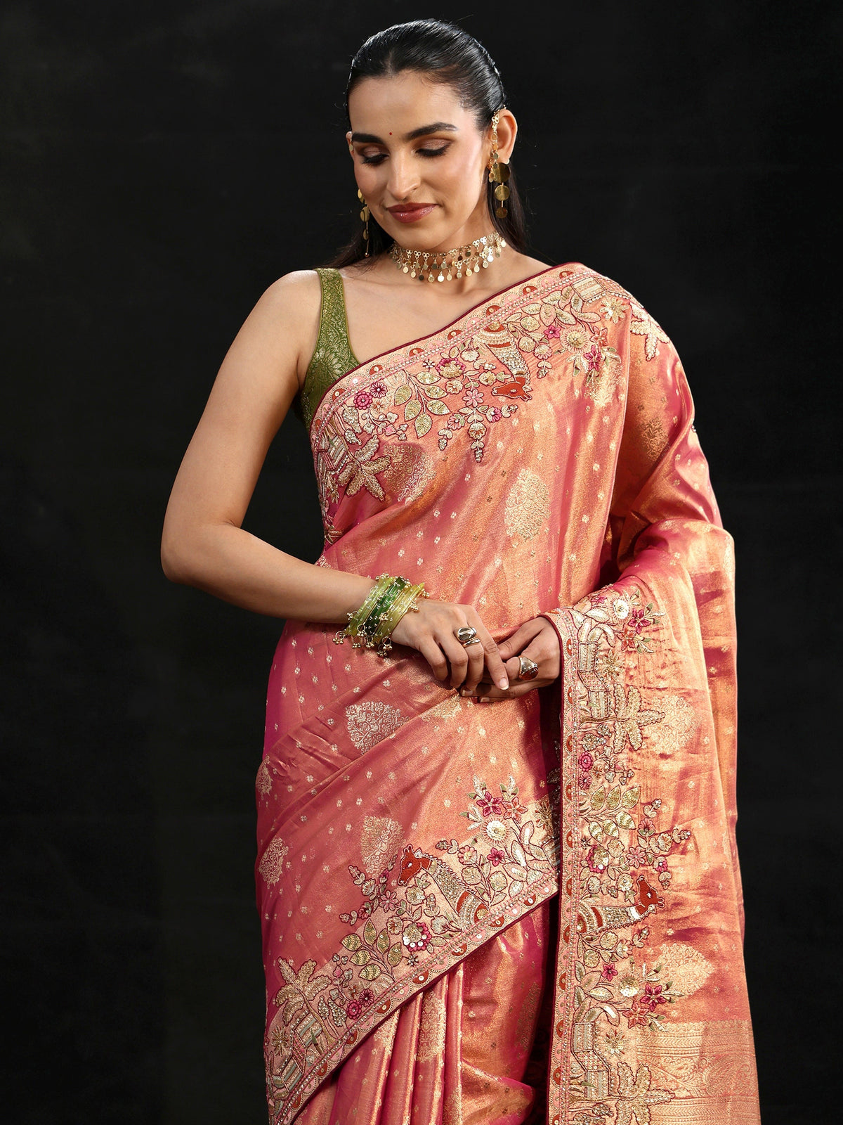 Anouk Art Peach Woven Design Silk Blend Saree with Embroidered Border