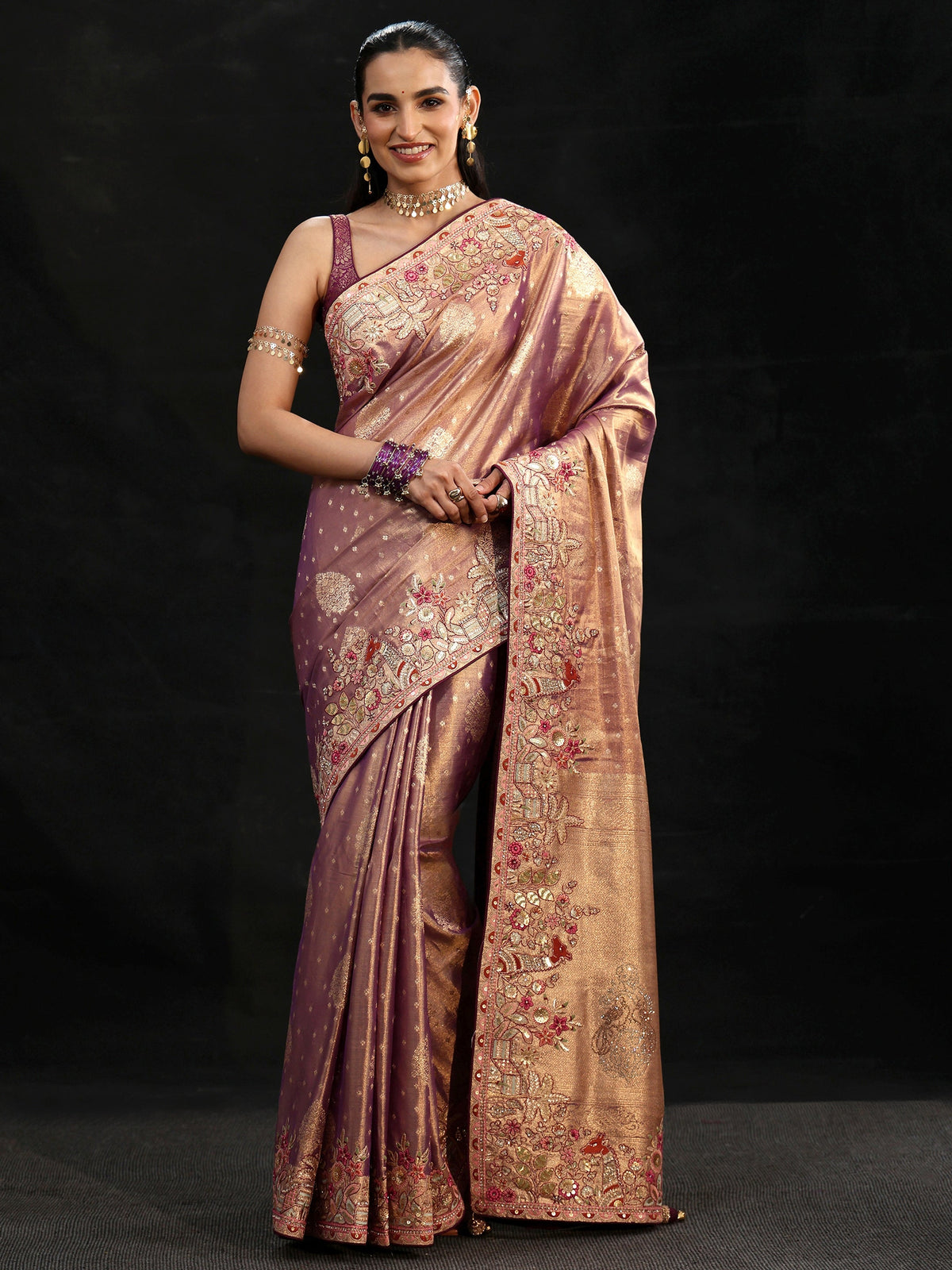 Anouk Art Purple Woven Design Silk Blend Saree with Embroidered Border