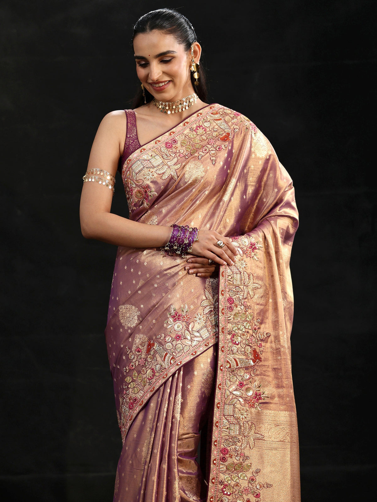 Anouk Art Purple Woven Design Silk Blend Saree with Embroidered Border