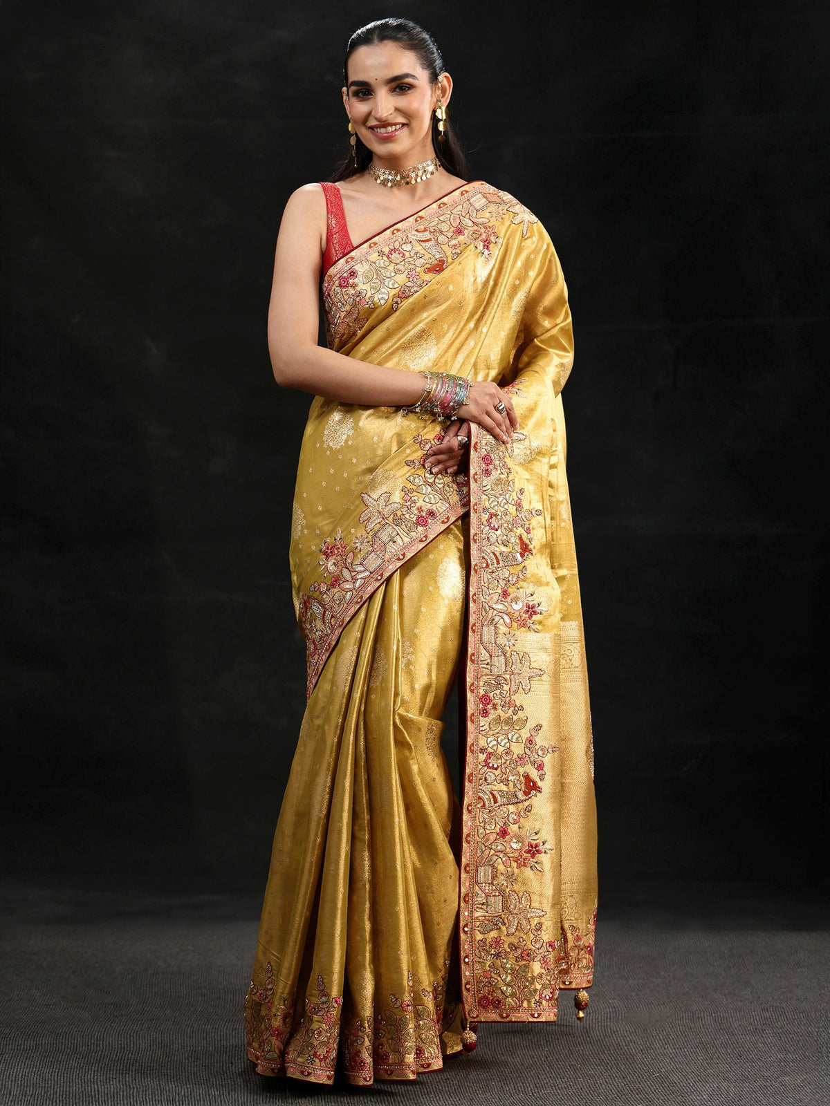 Anouk Art Mustard Woven Design Silk Blend Saree with Embroidered Border