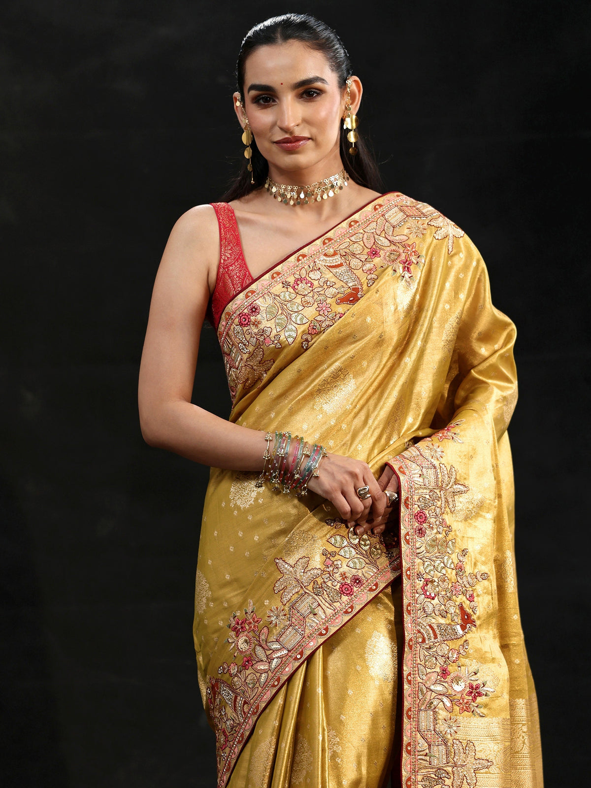 Anouk Art Mustard Woven Design Silk Blend Saree with Embroidered Border