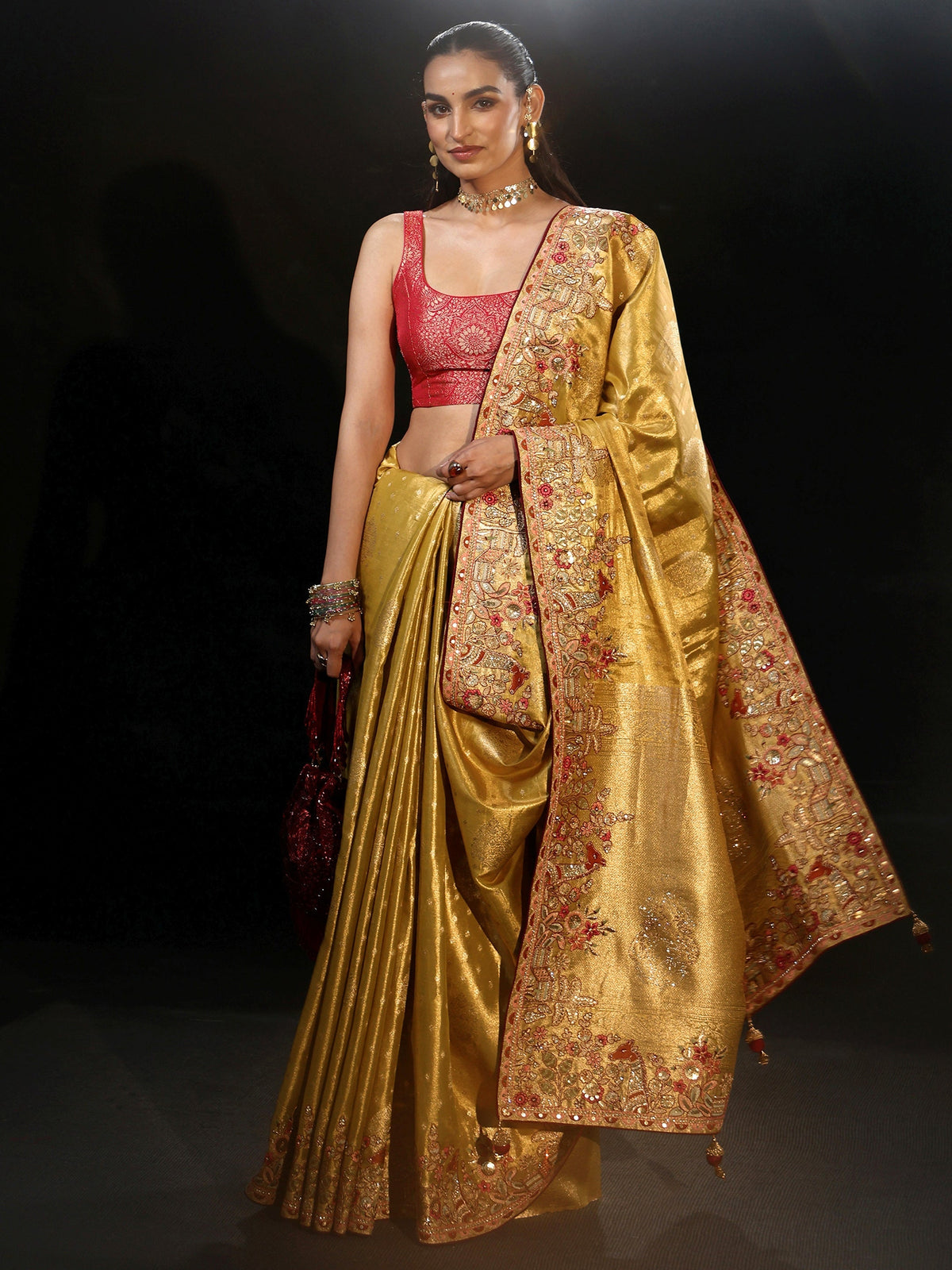 Anouk Art Mustard Woven Design Silk Blend Saree with Embroidered Border