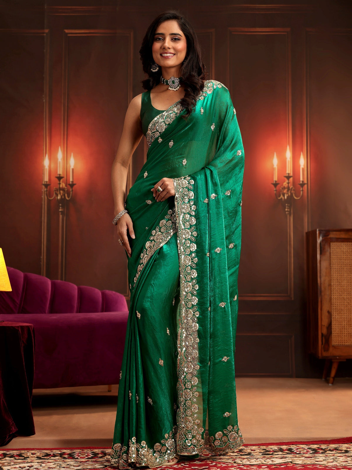 Anouk Art Bottle Green Embellished Tissue Saree