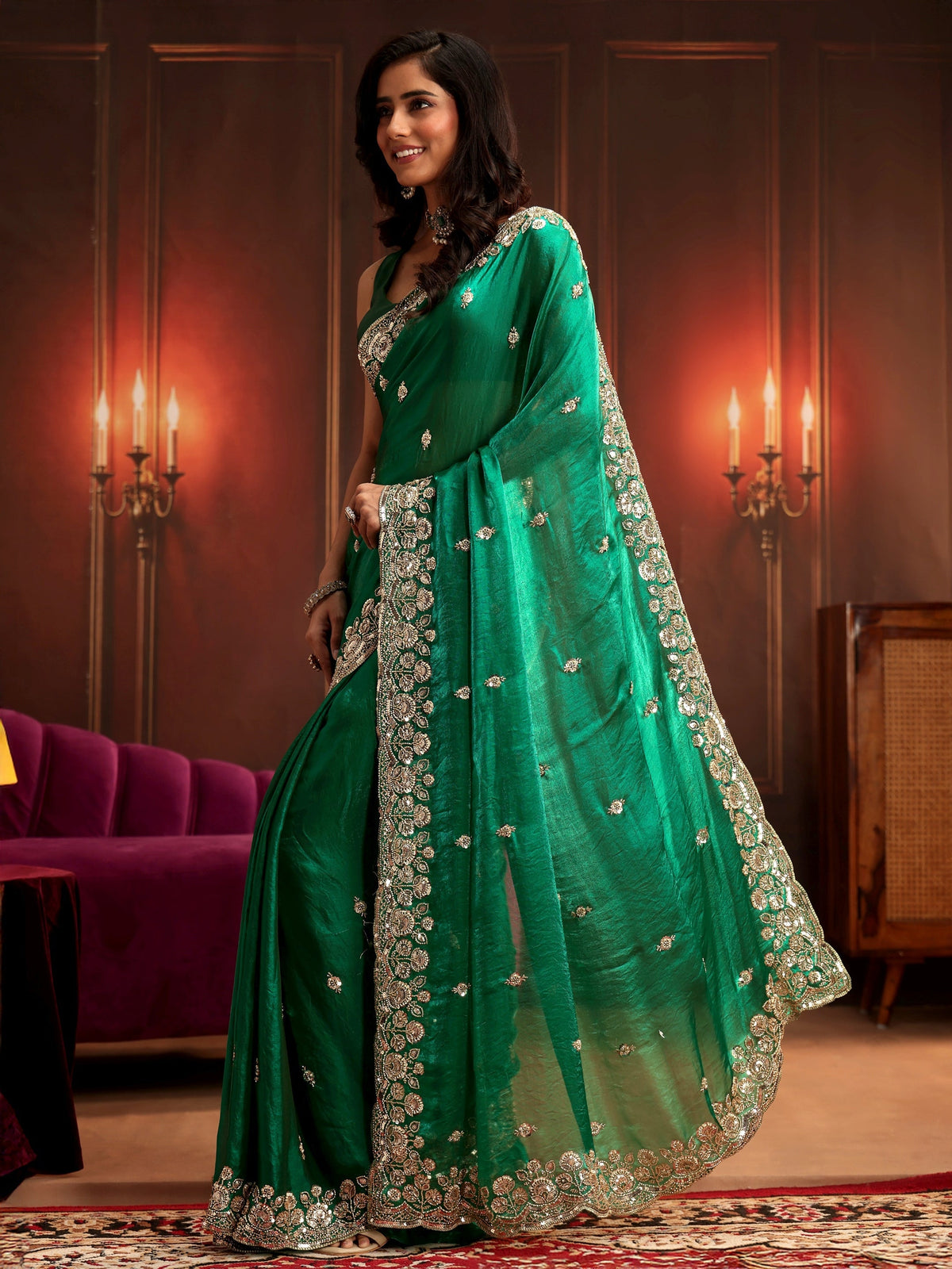 Anouk Art Bottle Green Embellished Tissue Saree
