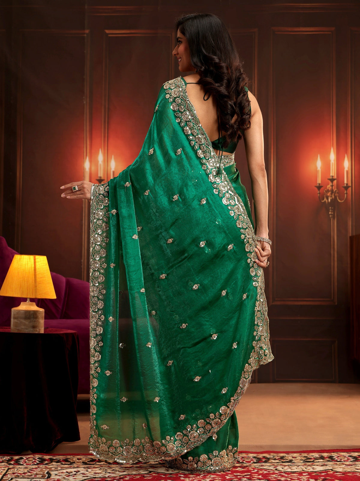 Anouk Art Bottle Green Embellished Tissue Saree