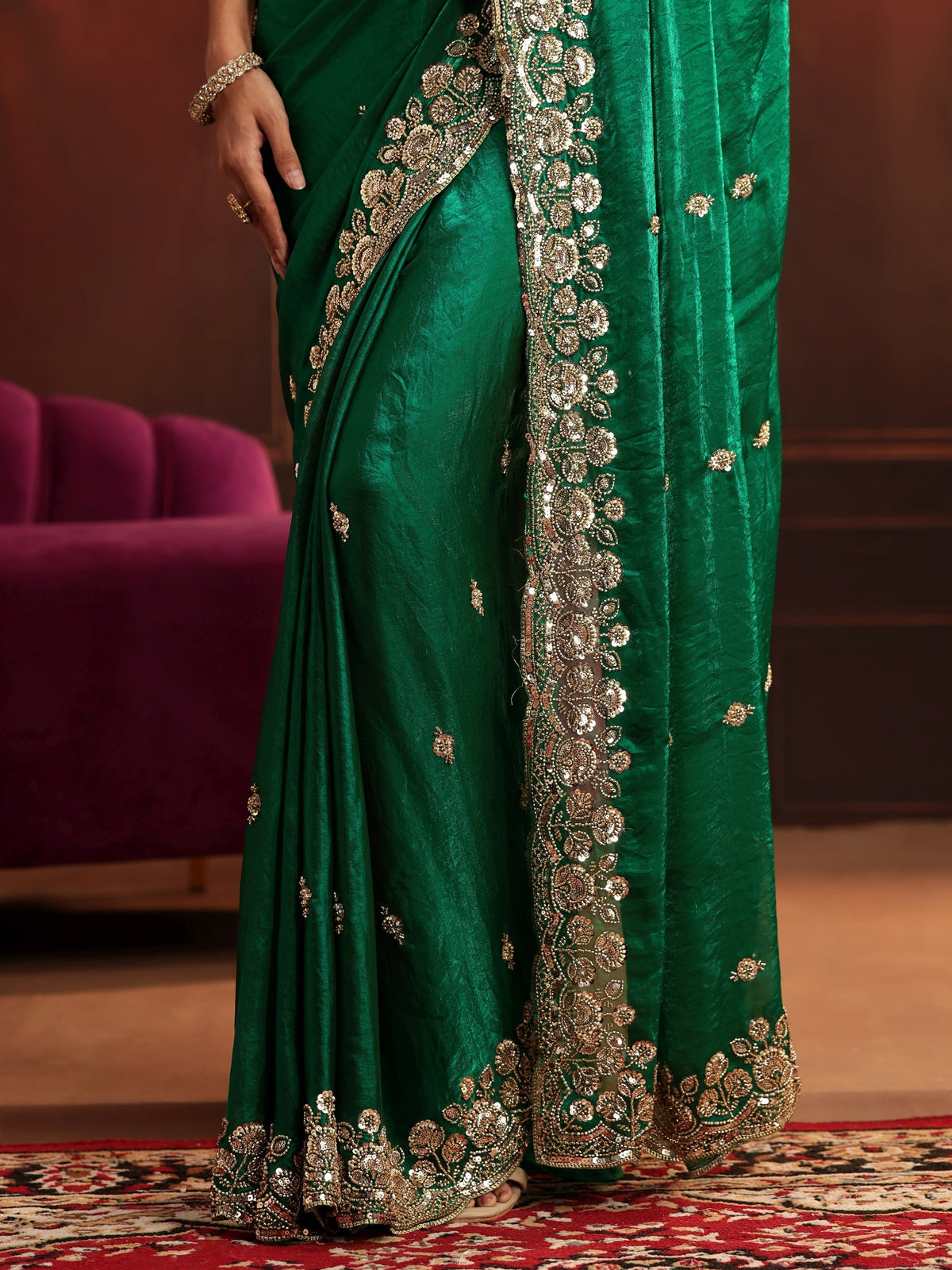 Anouk Art Bottle Green Embellished Tissue Saree