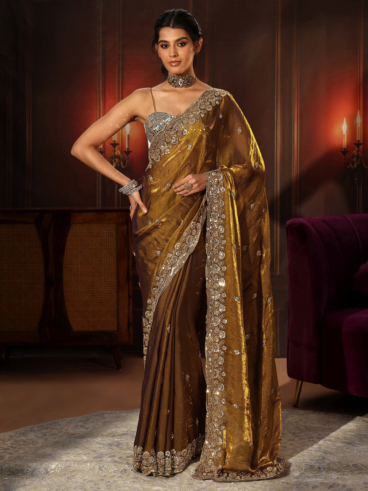 Anouk Art Mustard Tissue Saree with Sequin Embellished Border