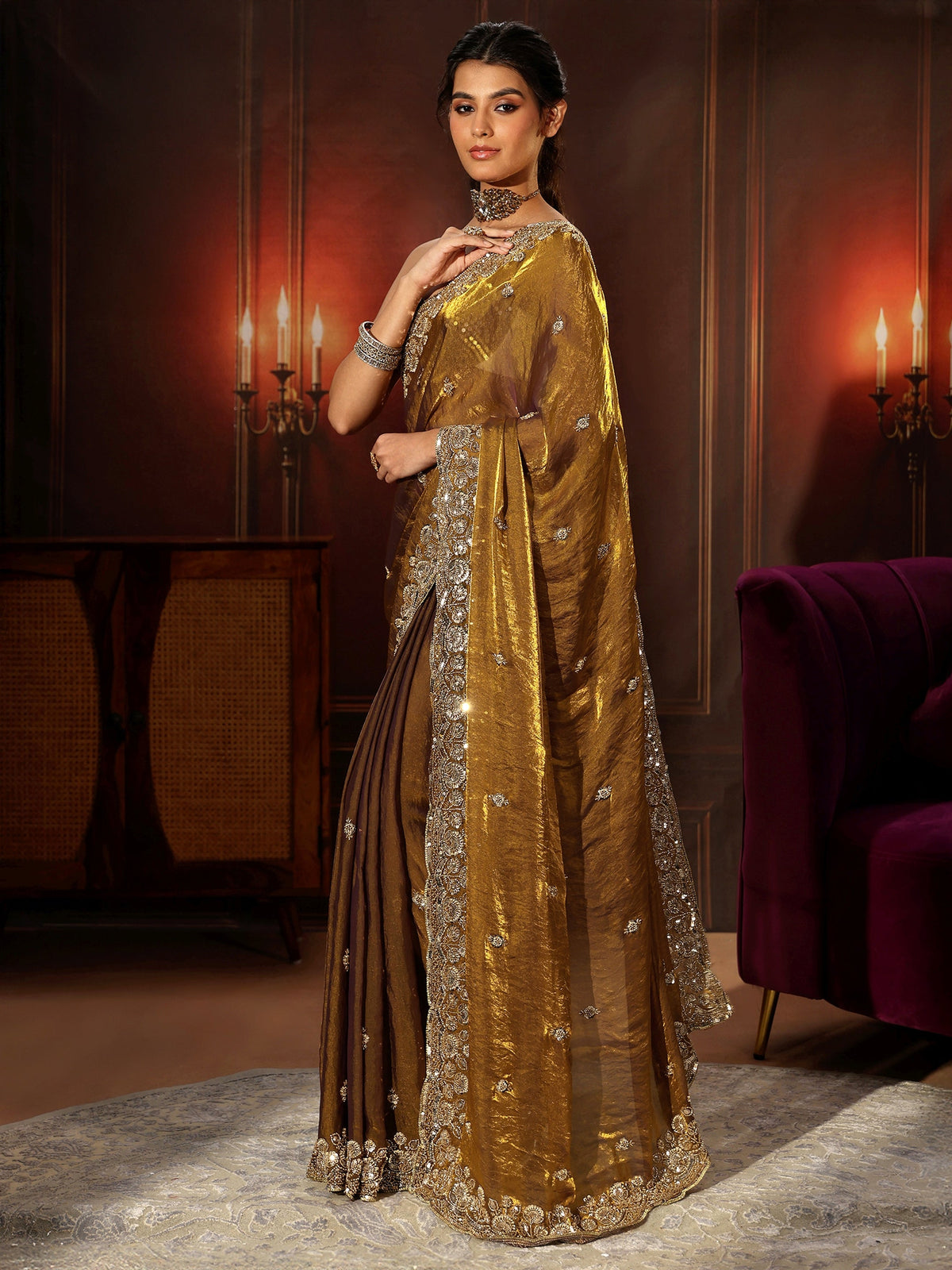 Anouk Art Mustard Tissue Saree with Sequin Embellished Border