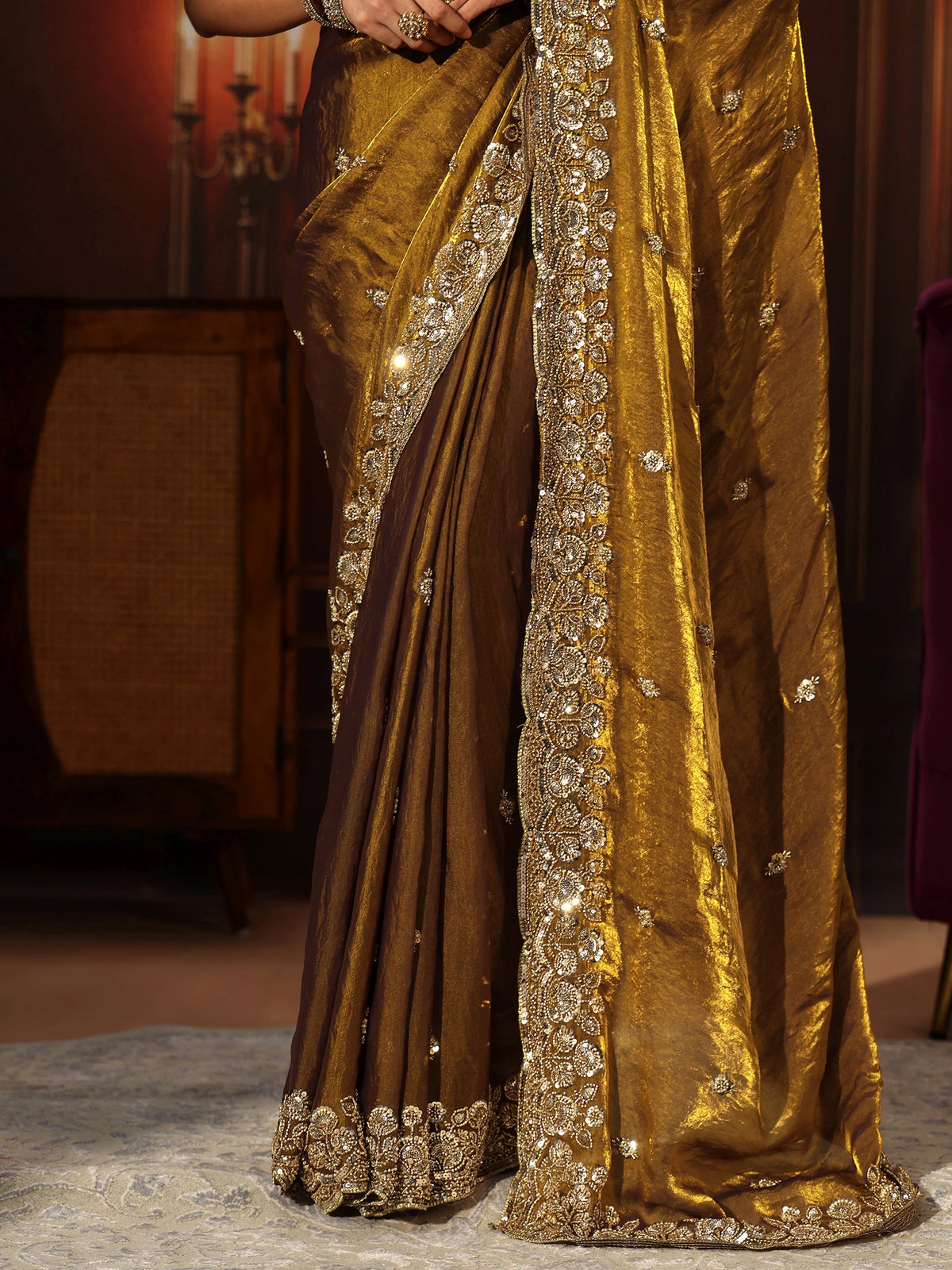 Anouk Art Mustard Tissue Saree with Sequin Embellished Border