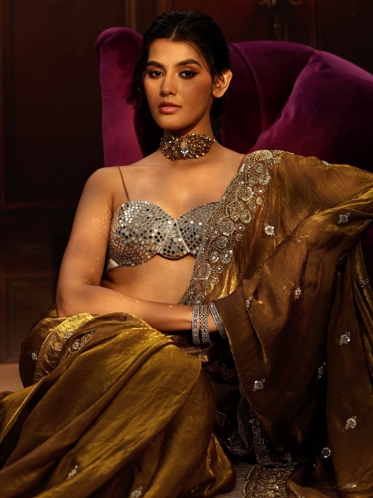 Anouk Art Mustard Tissue Saree with Sequin Embellished Border