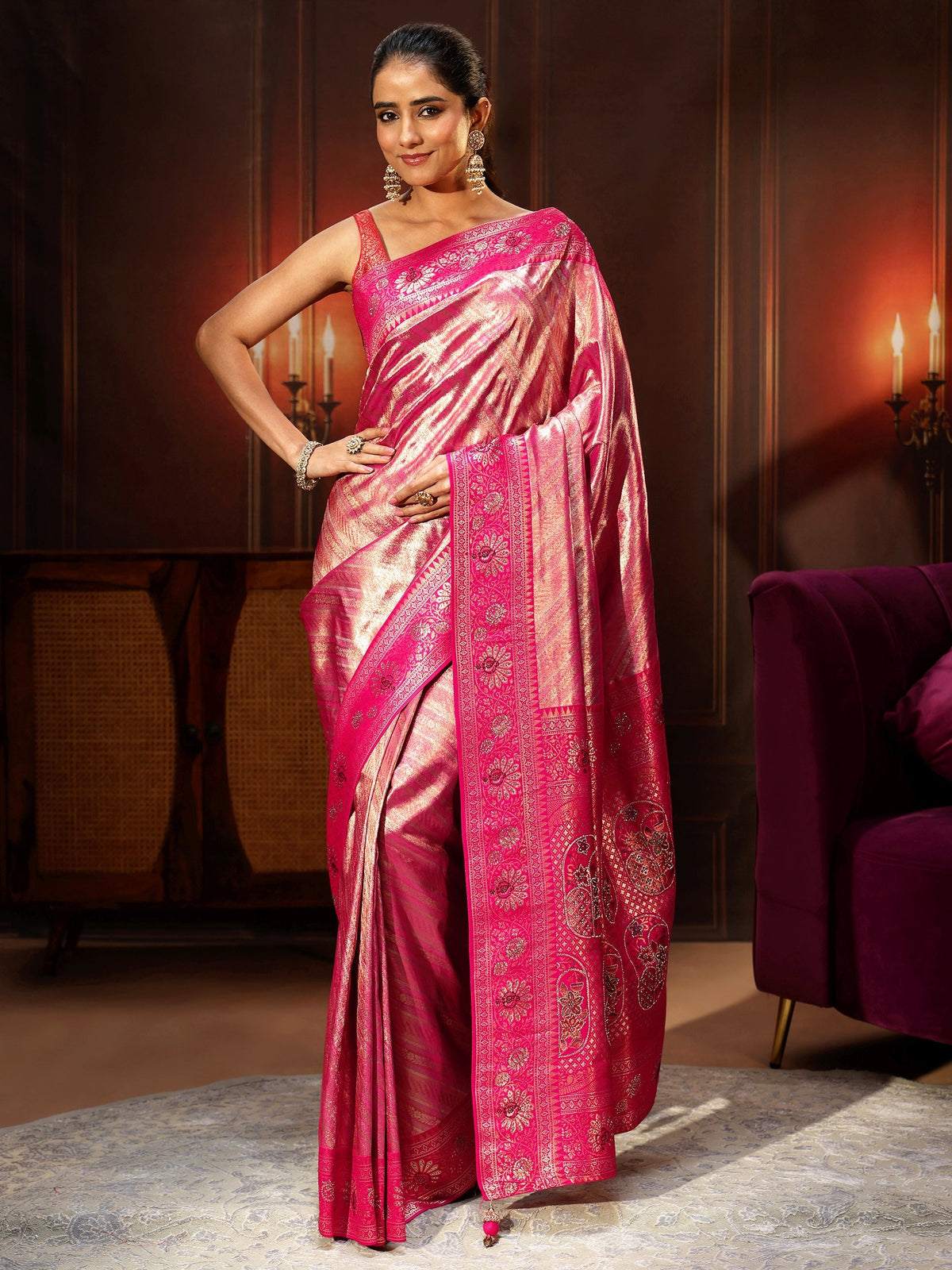 Anouk Pink Banarasi Silk Blend Saree with Embellished Pallu