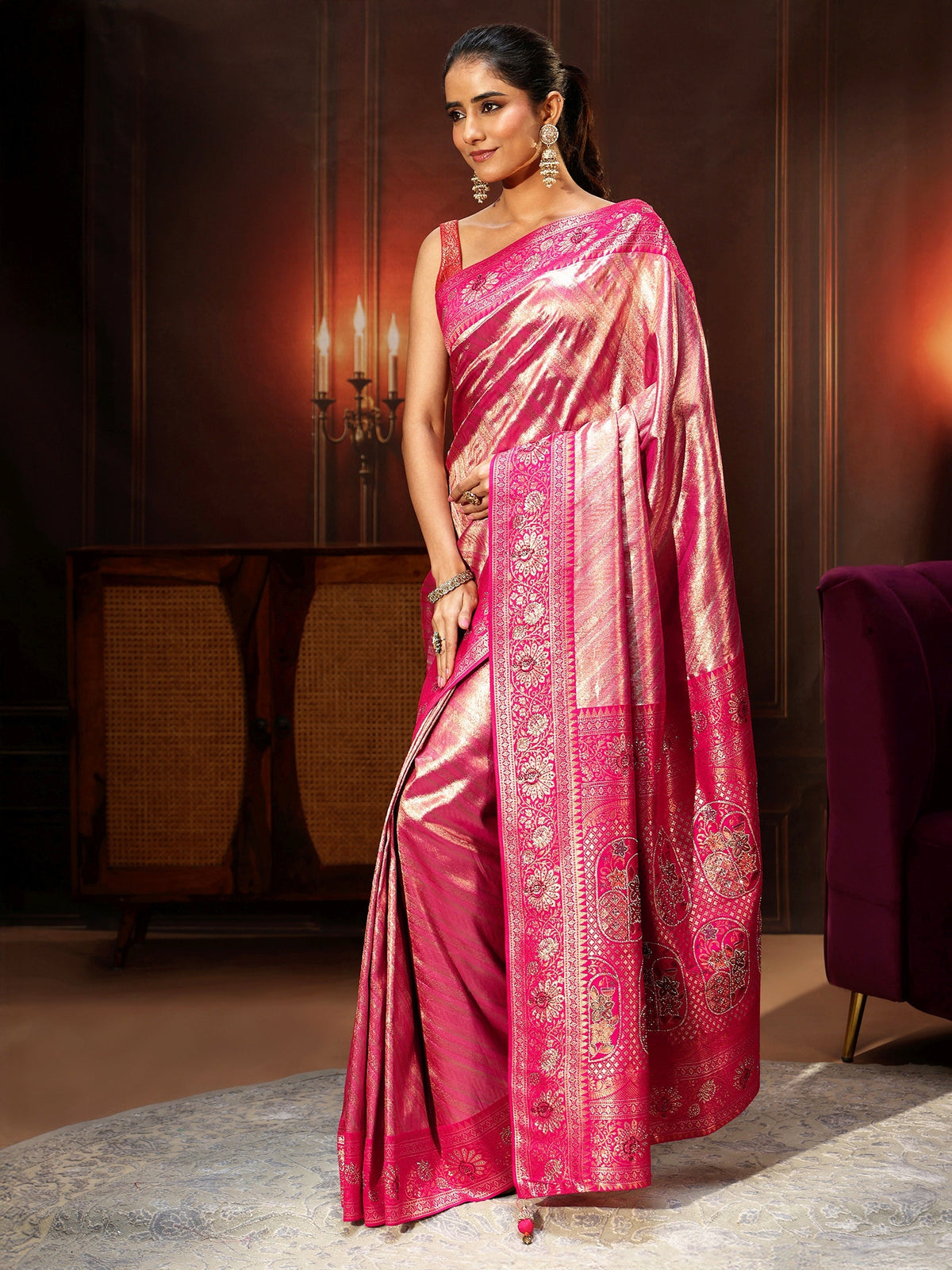 Anouk Pink Banarasi Silk Blend Saree with Embellished Pallu