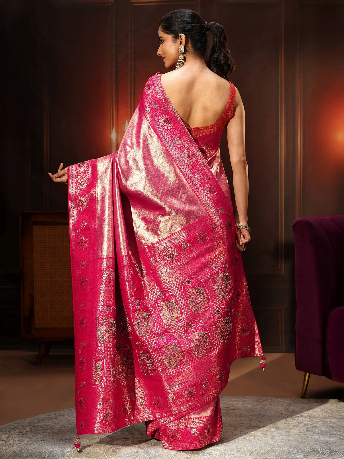 Anouk Pink Banarasi Silk Blend Saree with Embellished Pallu