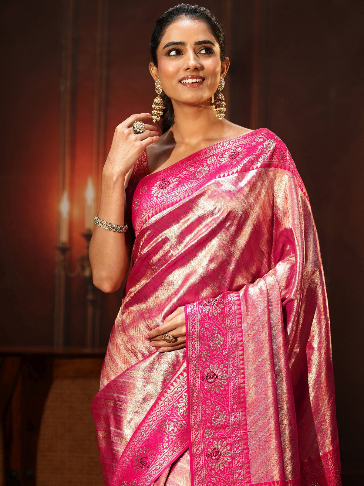 Anouk Pink Banarasi Silk Blend Saree with Embellished Pallu