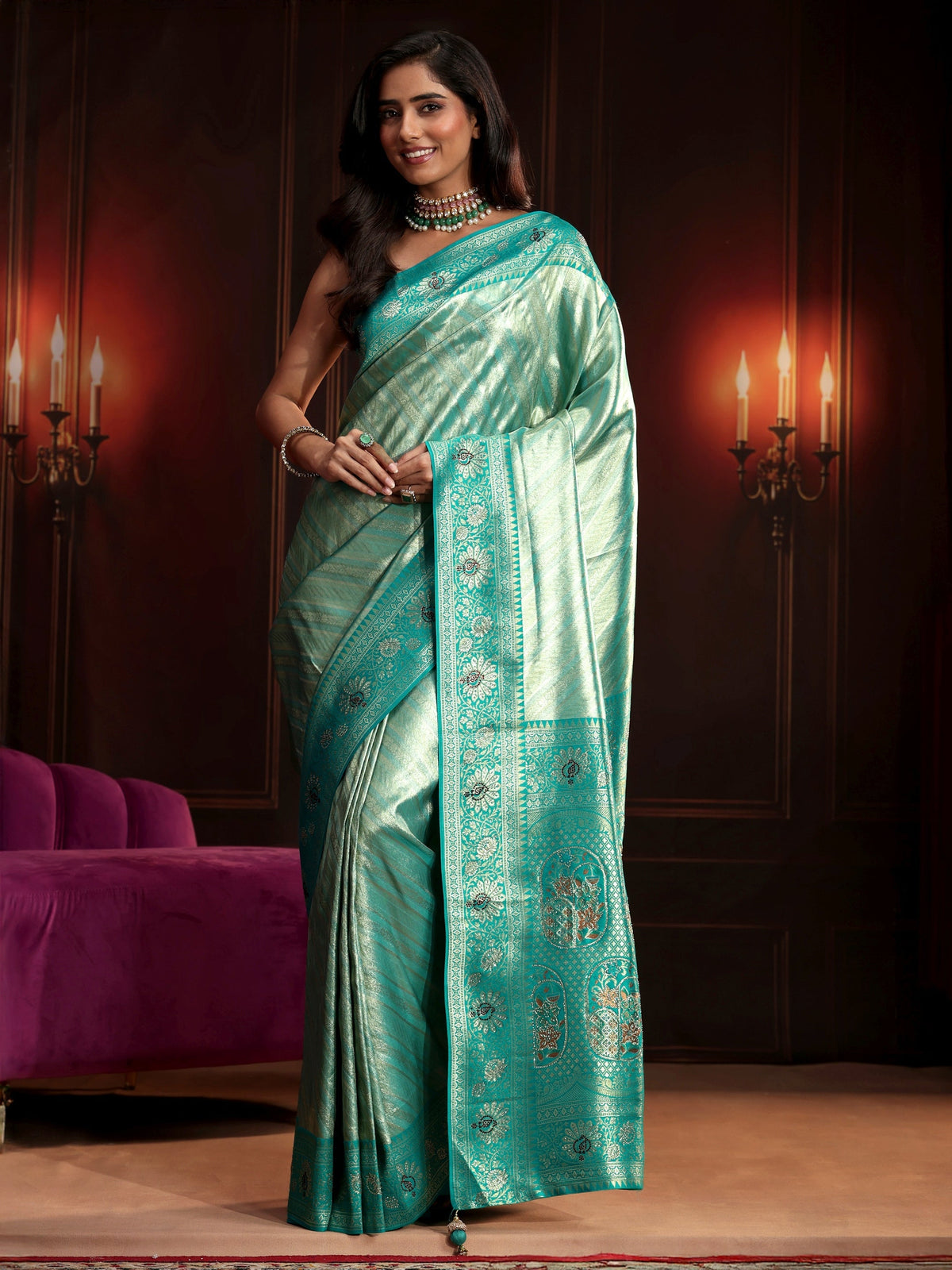 Anouk Sea Green Woven Design Silk Blend Saree