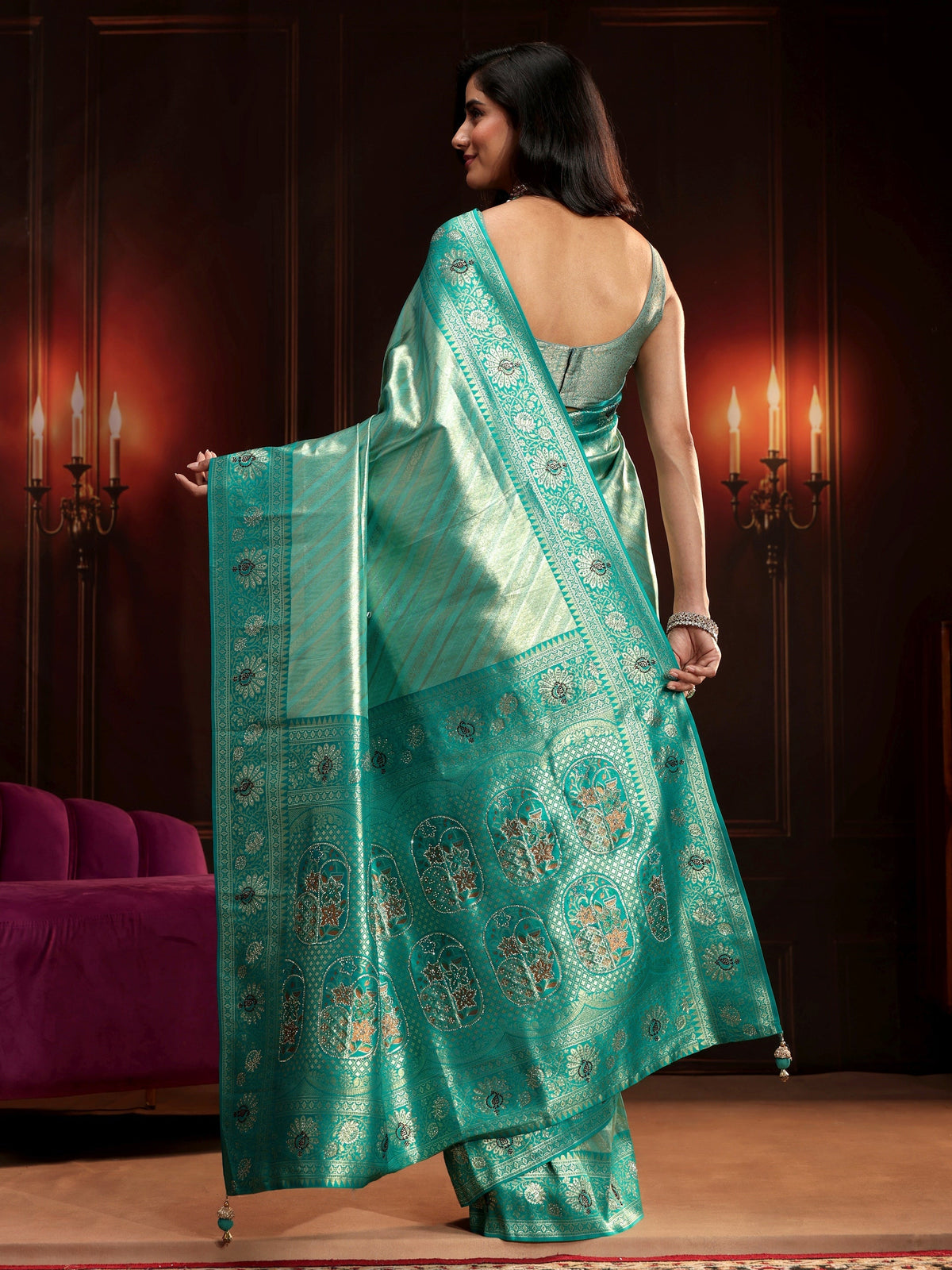 Anouk Sea Green Woven Design Silk Blend Saree