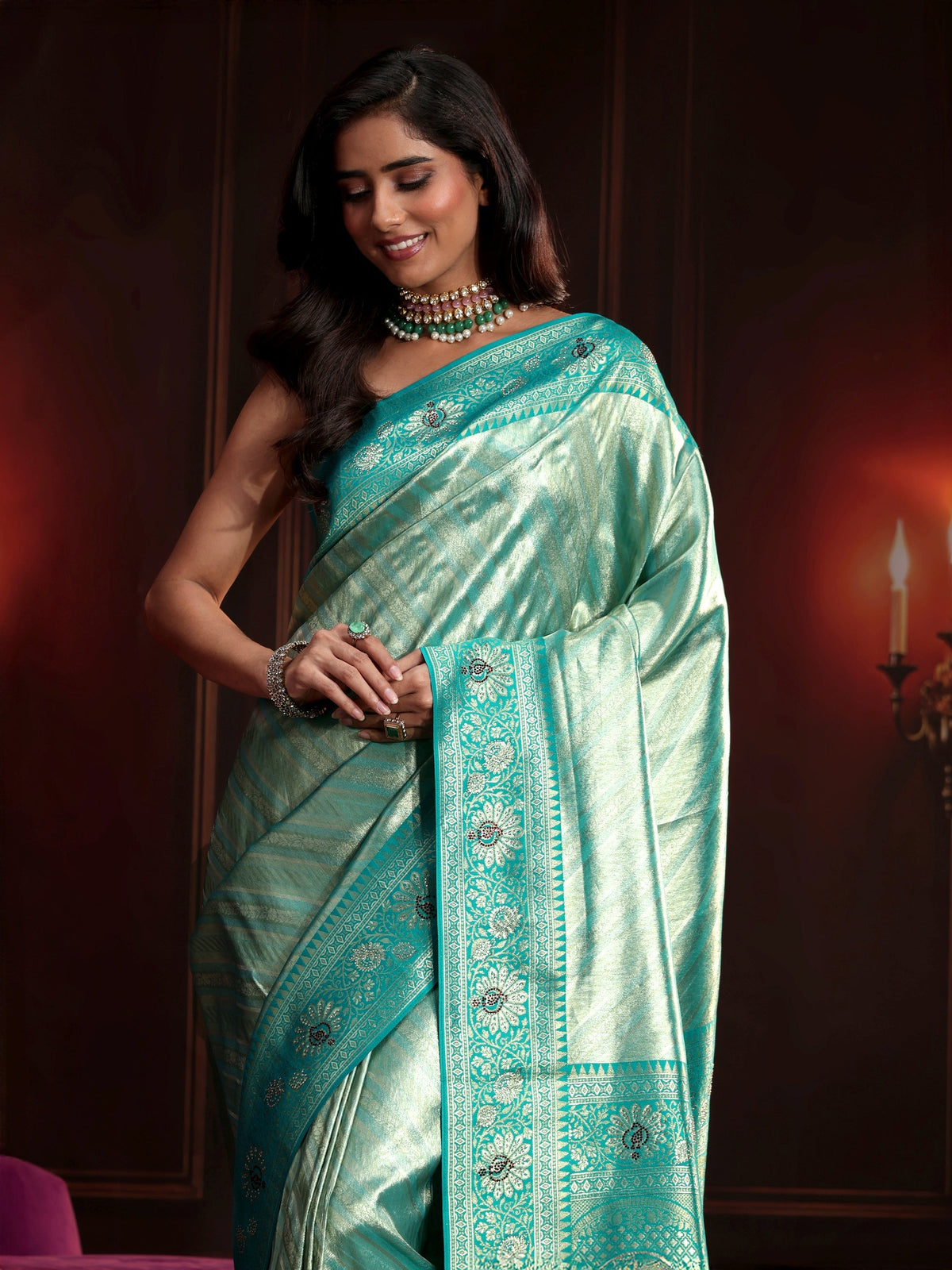 Anouk Sea Green Woven Design Silk Blend Saree