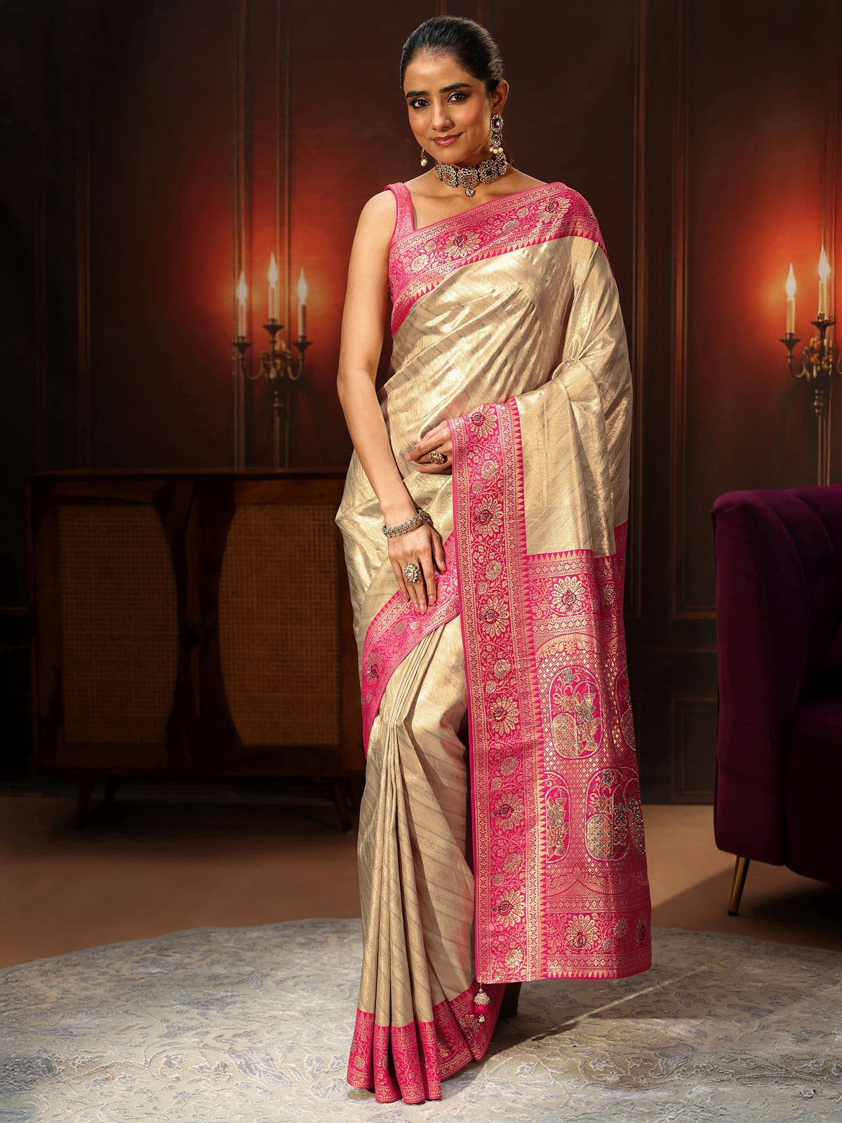Anouk Golden Banarasi Silk Blend Saree with Embellished Pallu