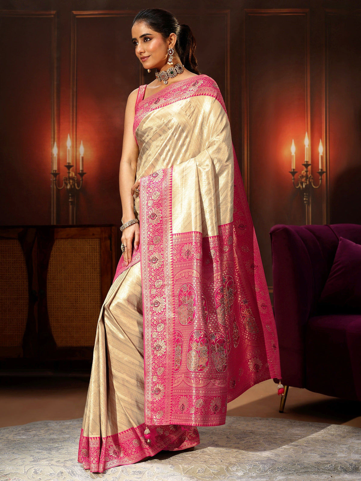 Anouk Golden Banarasi Silk Blend Saree with Embellished Pallu