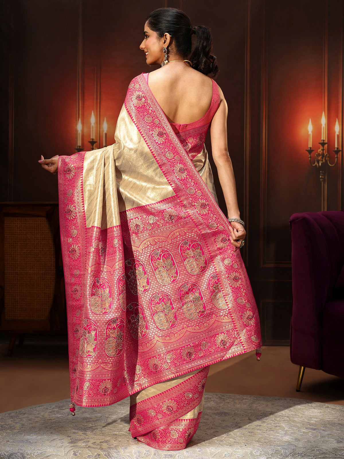 Anouk Golden Banarasi Silk Blend Saree with Embellished Pallu
