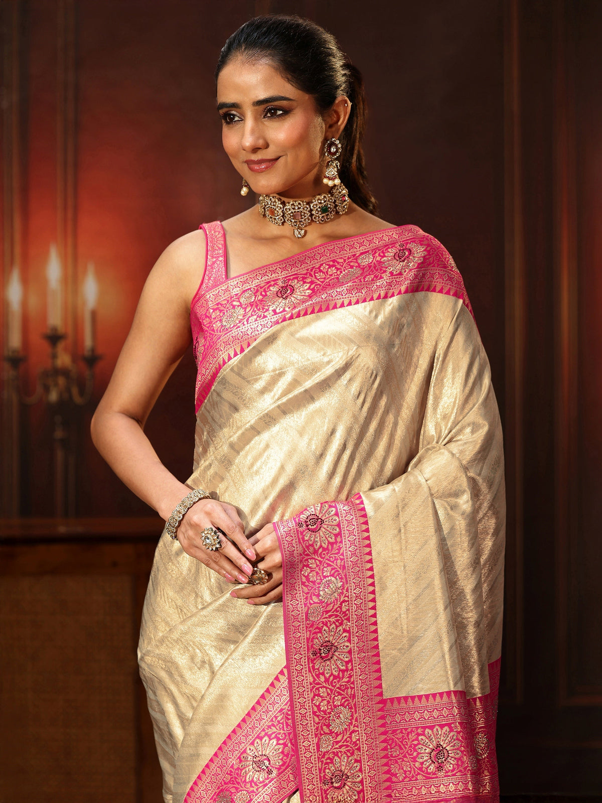 Anouk Golden Banarasi Silk Blend Saree with Embellished Pallu
