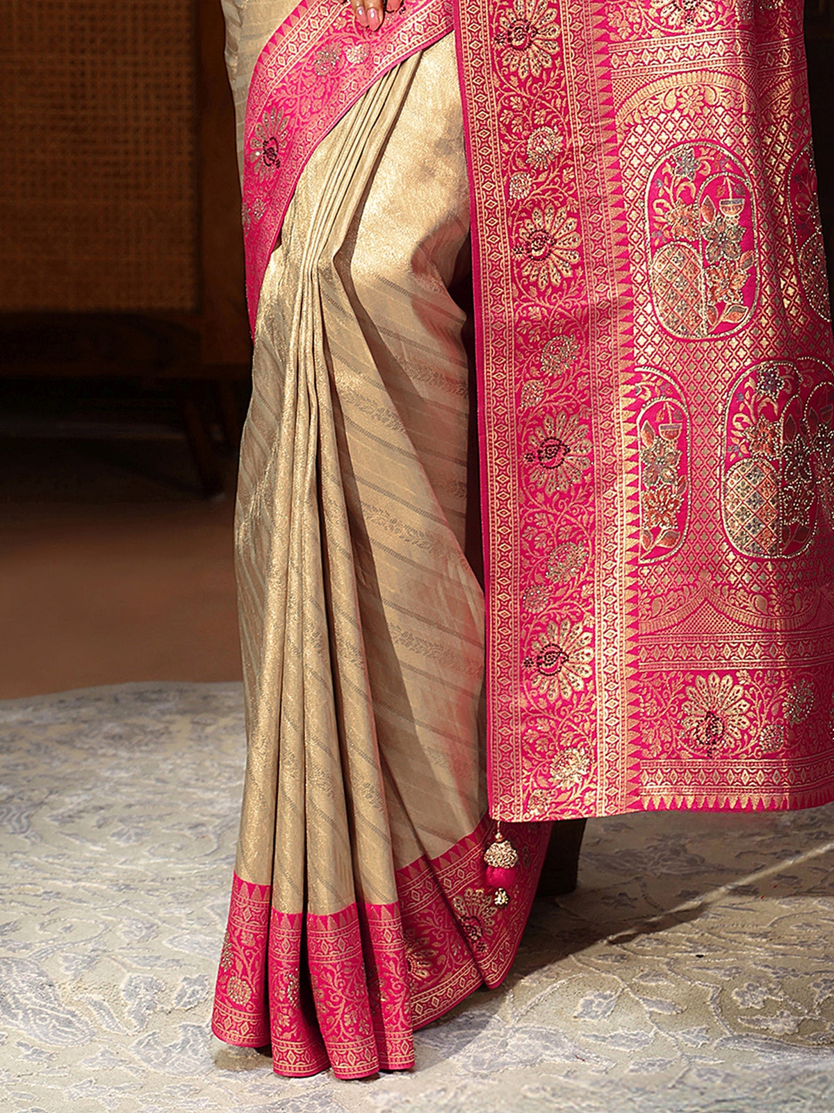 Anouk Golden Banarasi Silk Blend Saree with Embellished Pallu