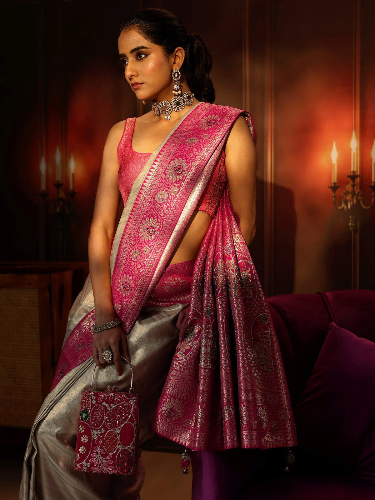 Anouk Golden Banarasi Silk Blend Saree with Embellished Pallu