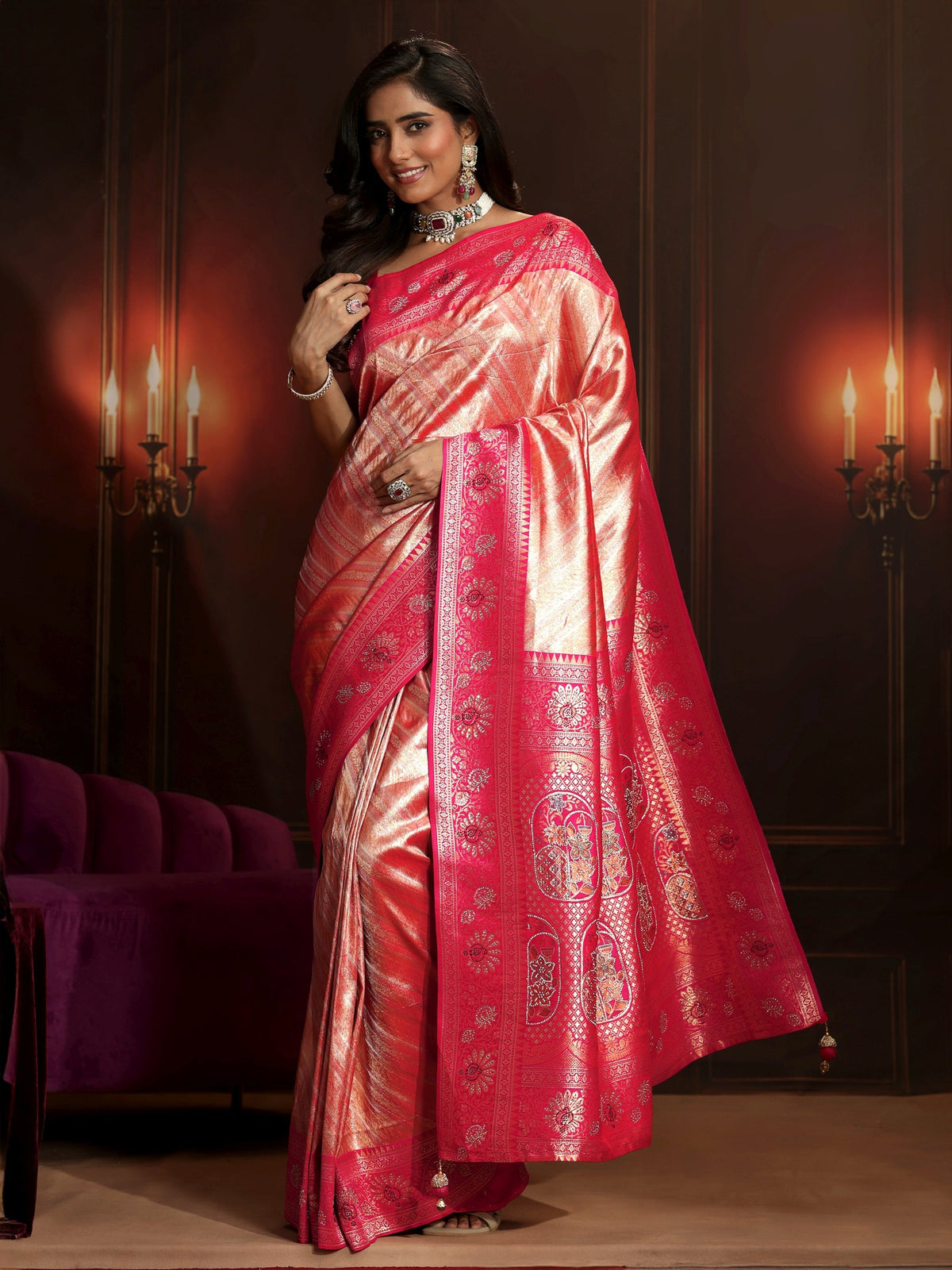 Anouk Peach Pink Woven Design Silk Blend Saree