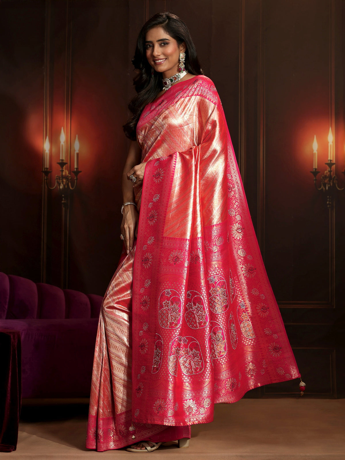 Anouk Peach Pink Woven Design Silk Blend Saree