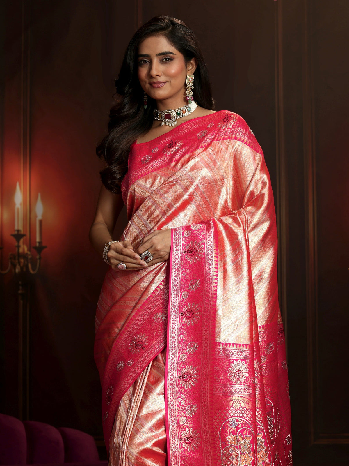 Anouk Peach Pink Woven Design Silk Blend Saree