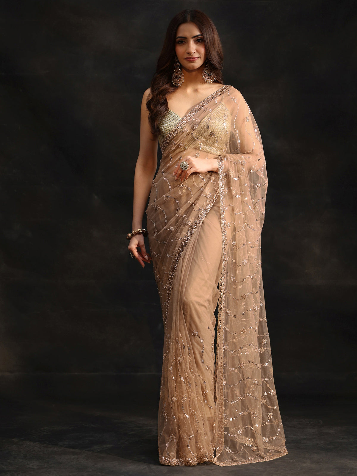 Anouk Taupe Grey Embellished Wavy Pattern Net Saree