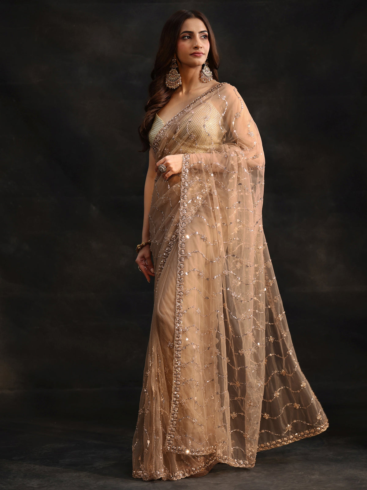 Anouk Taupe Grey Embellished Wavy Pattern Net Saree