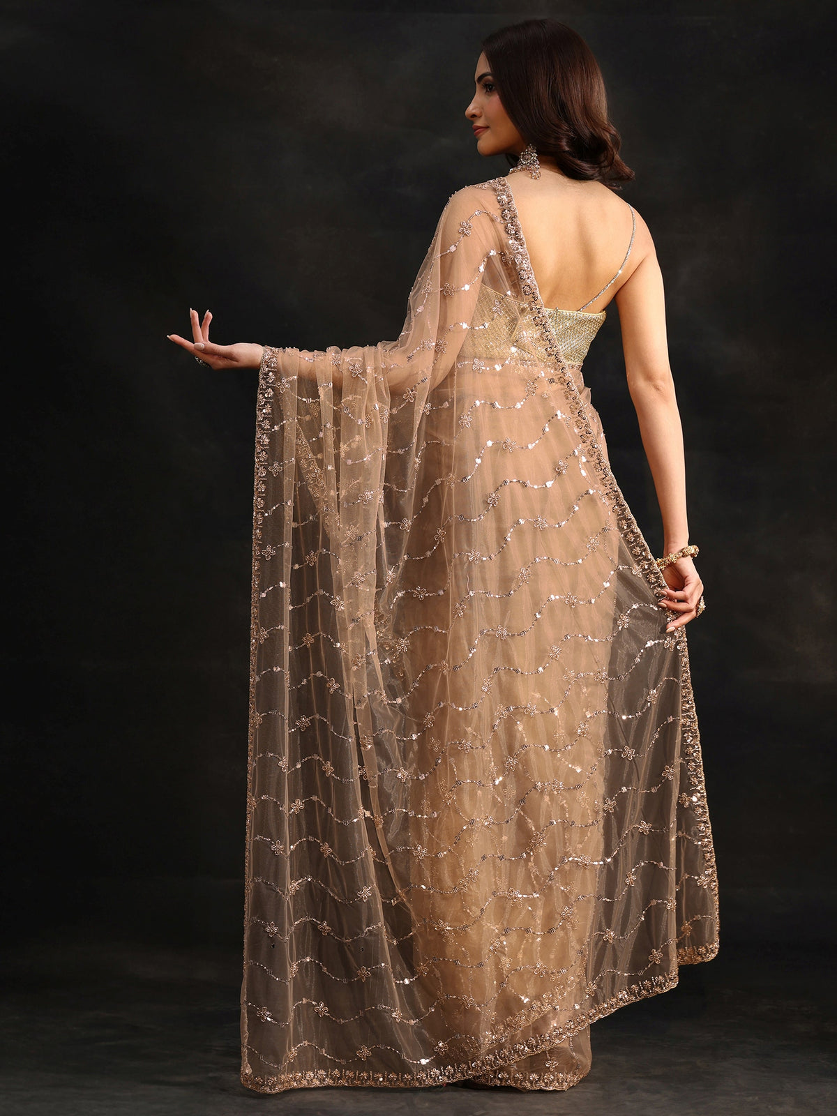 Anouk Taupe Grey Embellished Wavy Pattern Net Saree