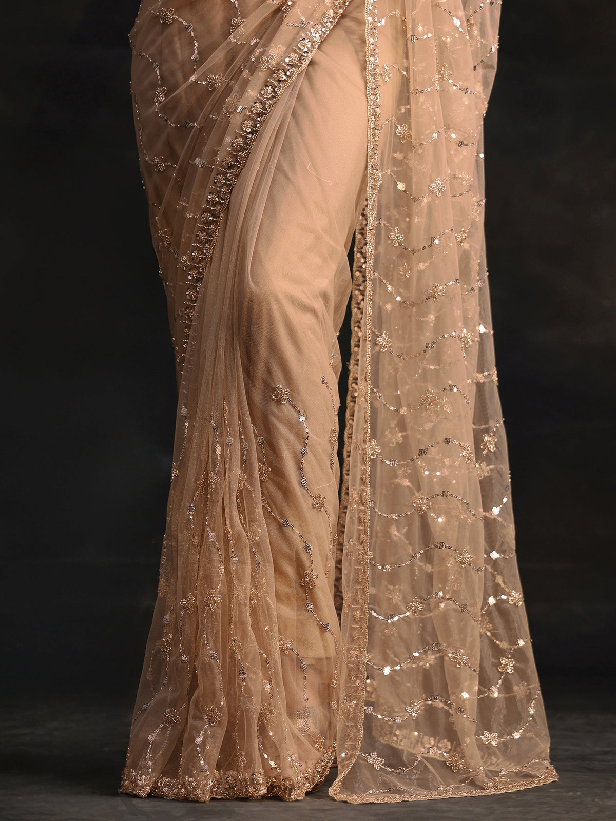 Anouk Taupe Grey Embellished Wavy Pattern Net Saree