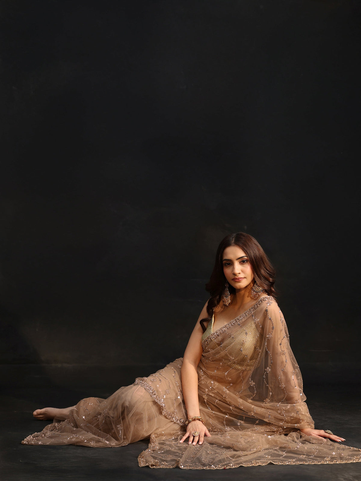 Anouk Taupe Grey Embellished Wavy Pattern Net Saree