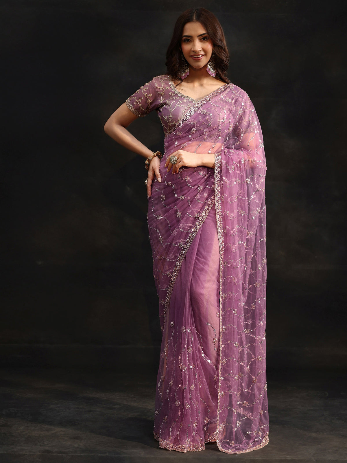 Anouk Amethyst Purple Embellished Wavy Pattern Net Saree