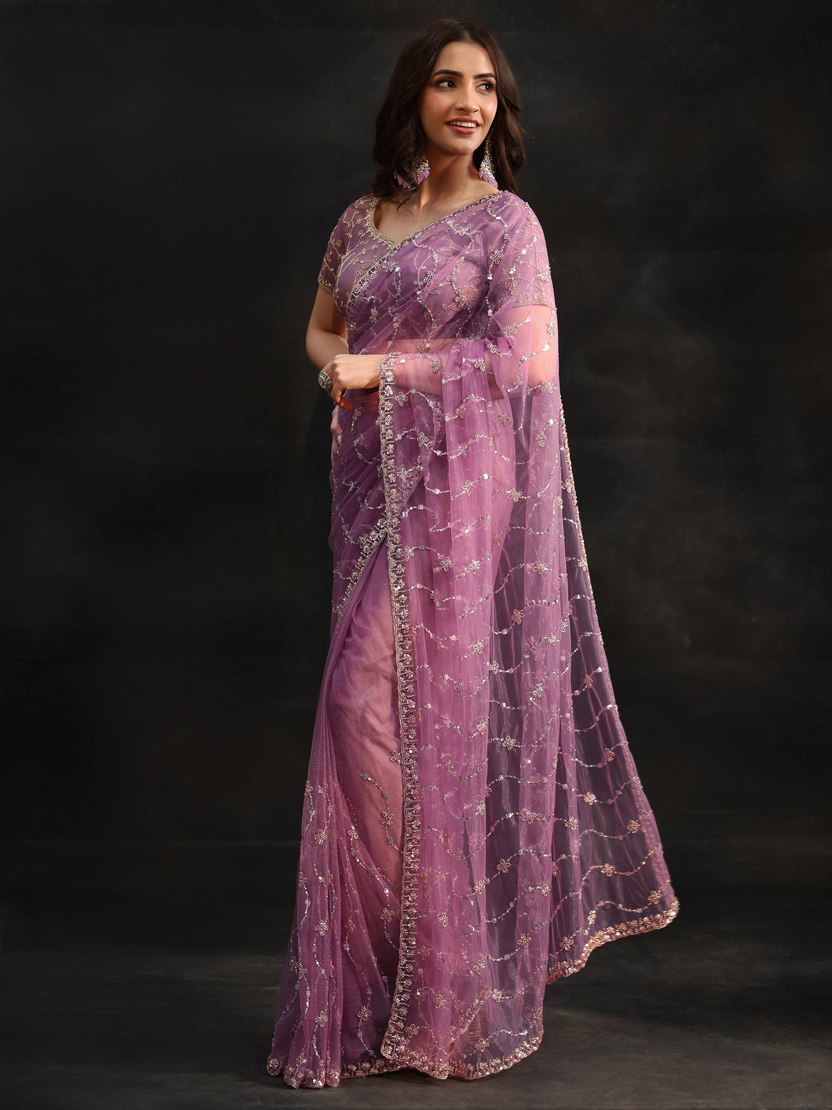 Anouk Amethyst Purple Embellished Wavy Pattern Net Saree
