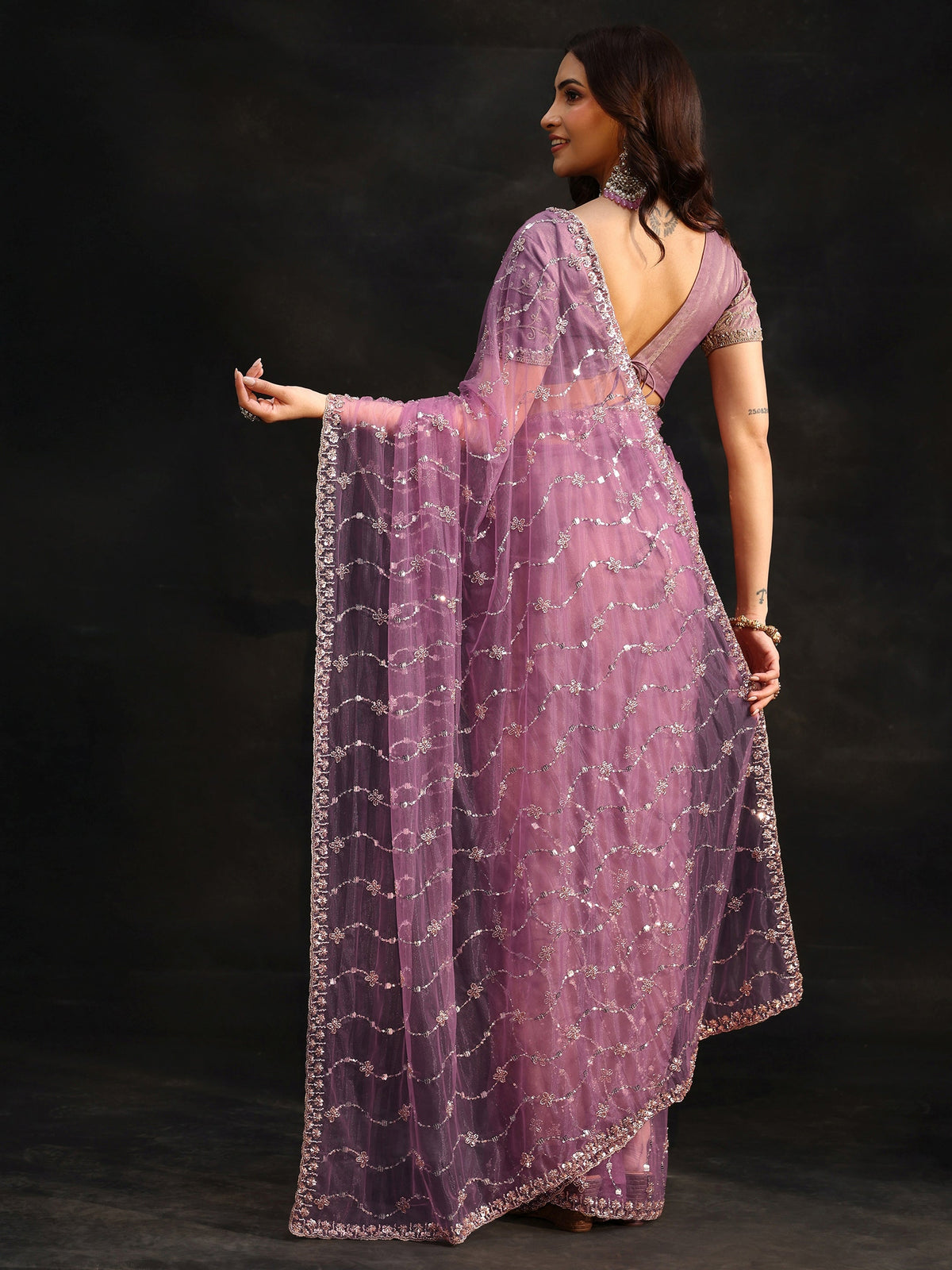 Anouk Amethyst Purple Embellished Wavy Pattern Net Saree