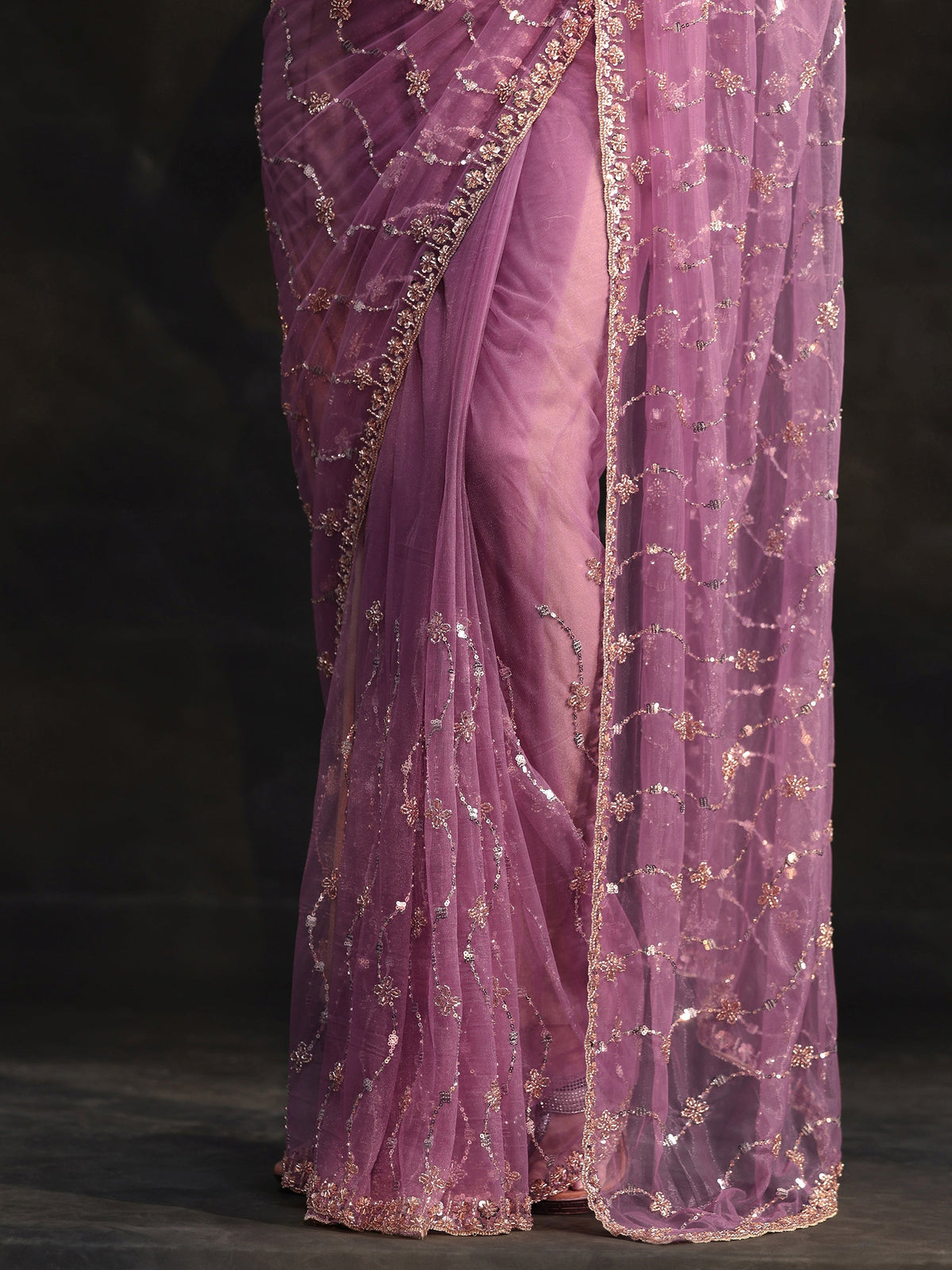 Anouk Amethyst Purple Embellished Wavy Pattern Net Saree
