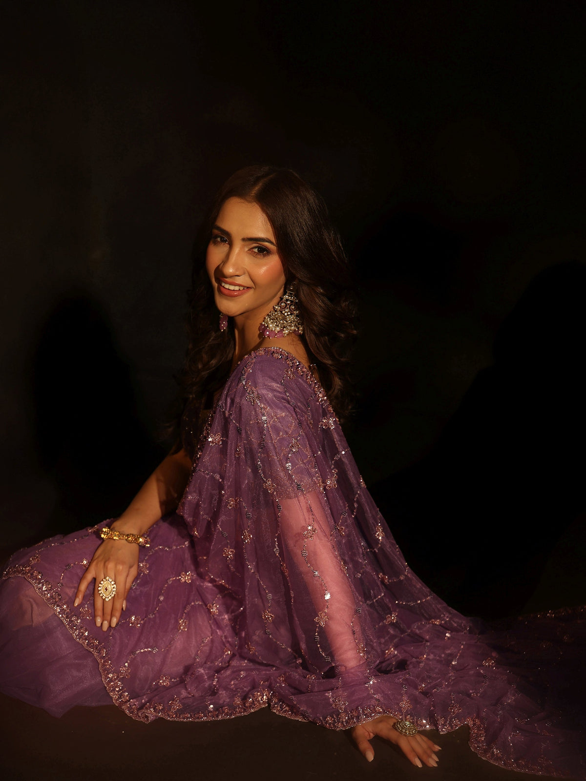 Anouk Amethyst Purple Embellished Wavy Pattern Net Saree