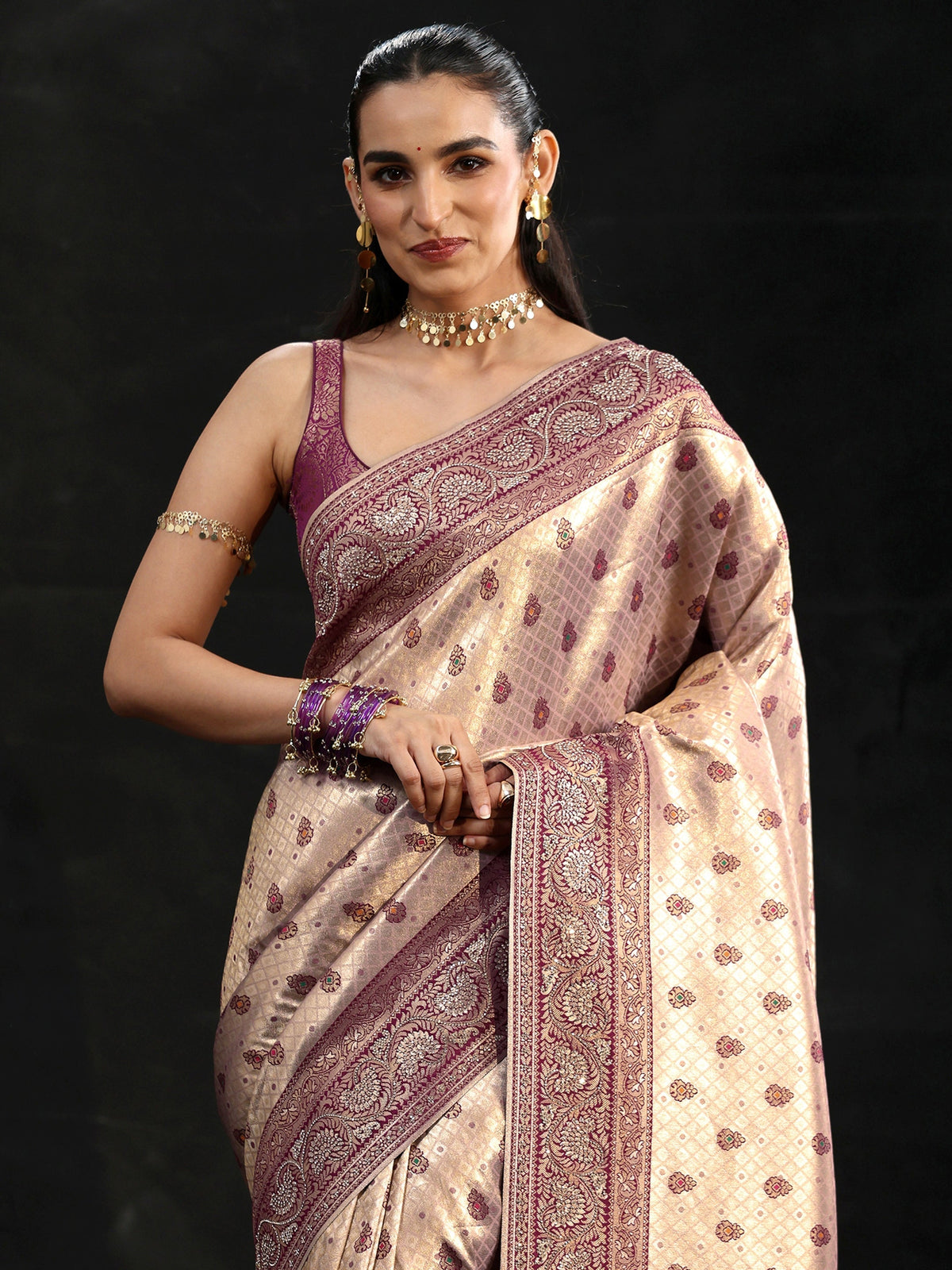 Anouk Art Purple Banarasi Silk Blend Saree