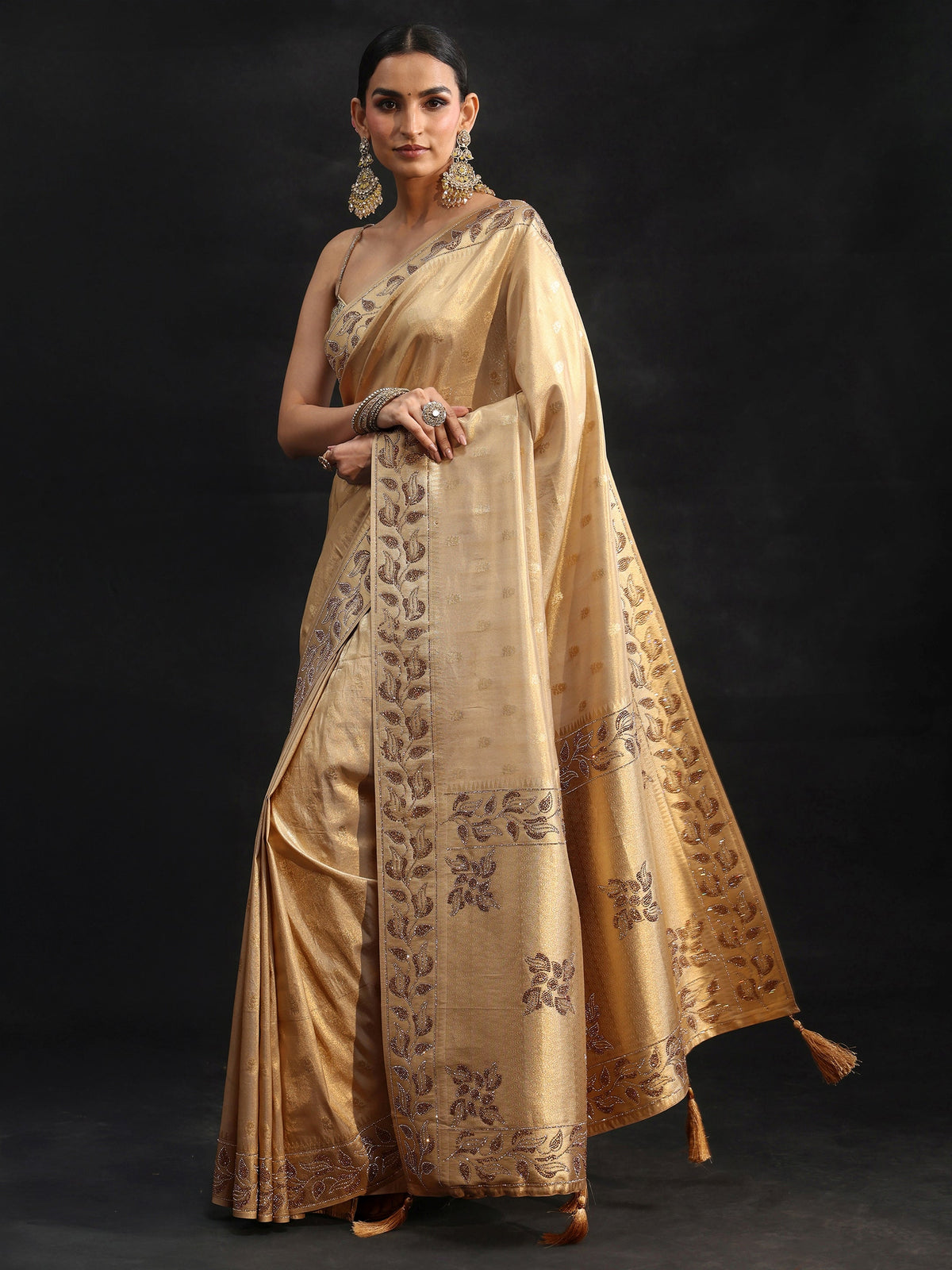 Anouk Art Gold Silk Blend Saree with Stone Embellished Border