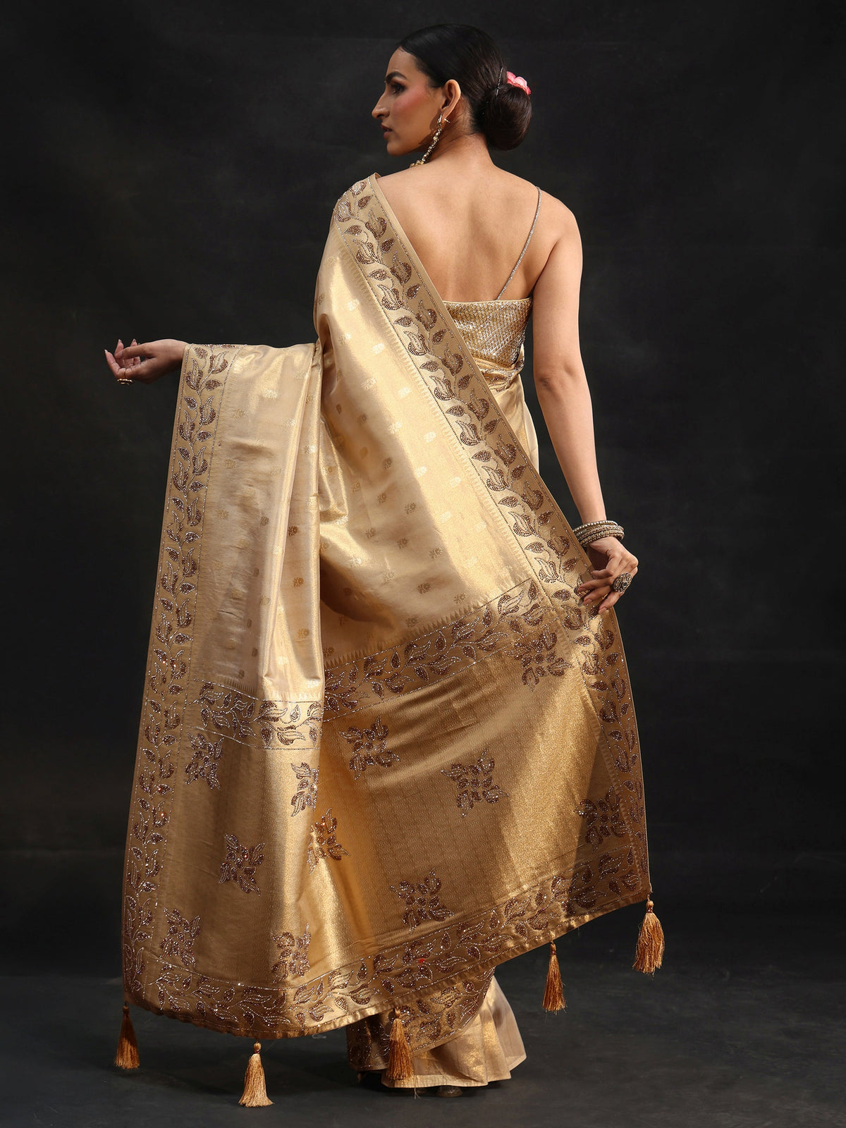 Anouk Art Gold Silk Blend Saree with Stone Embellished Border