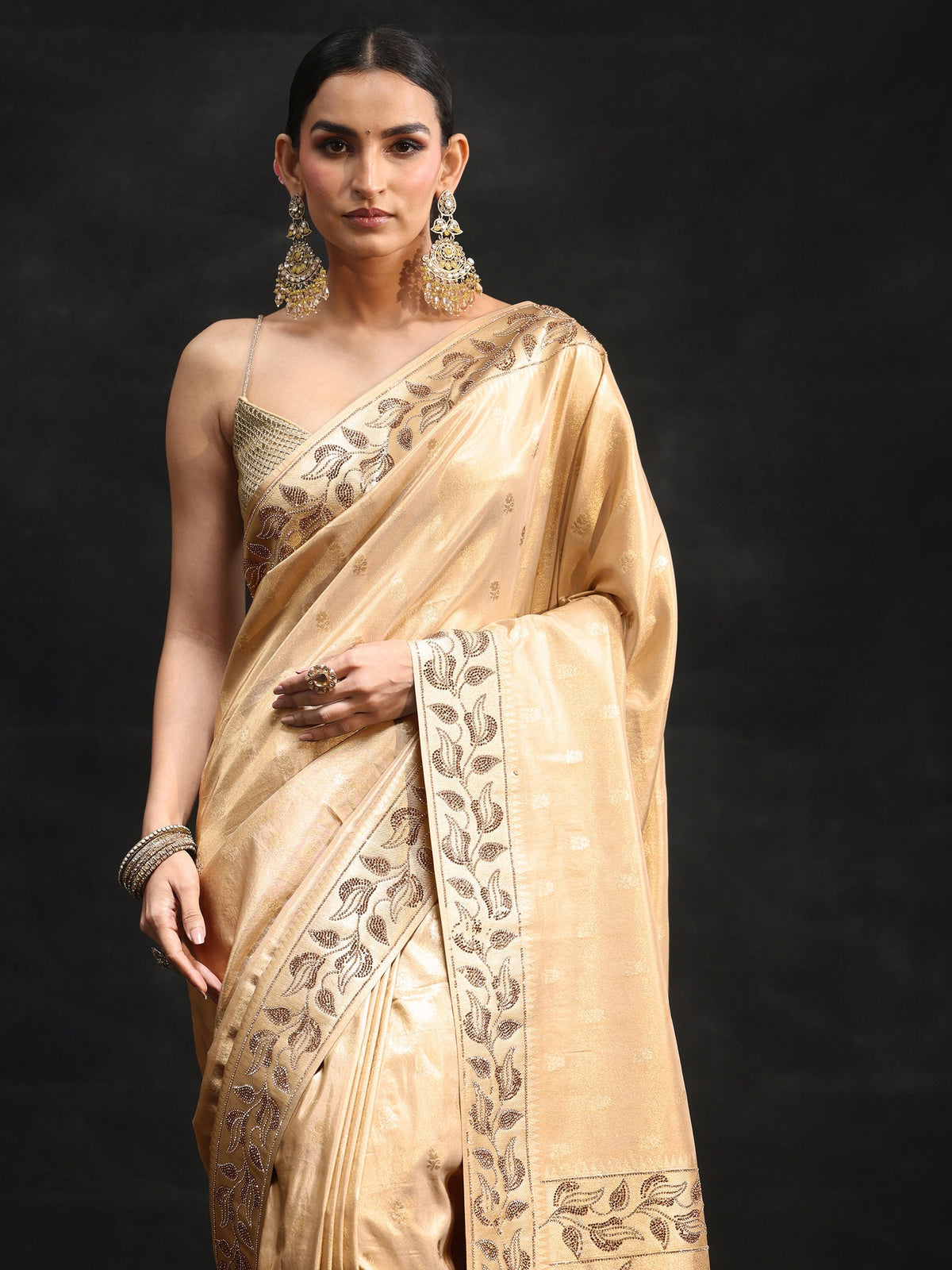 Anouk Art Gold Silk Blend Saree with Stone Embellished Border