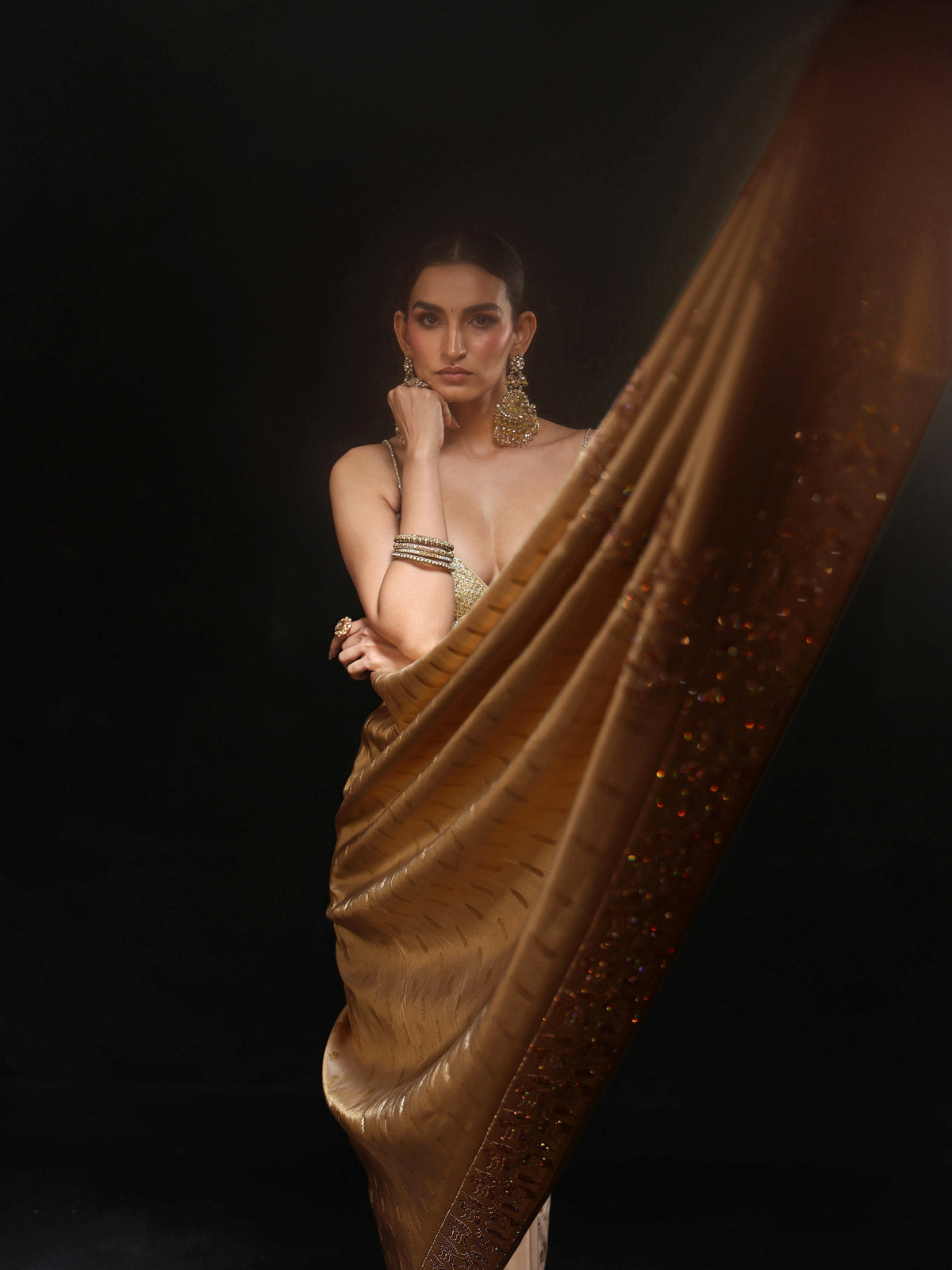 Anouk Art Gold Silk Blend Saree with Stone Embellished Border