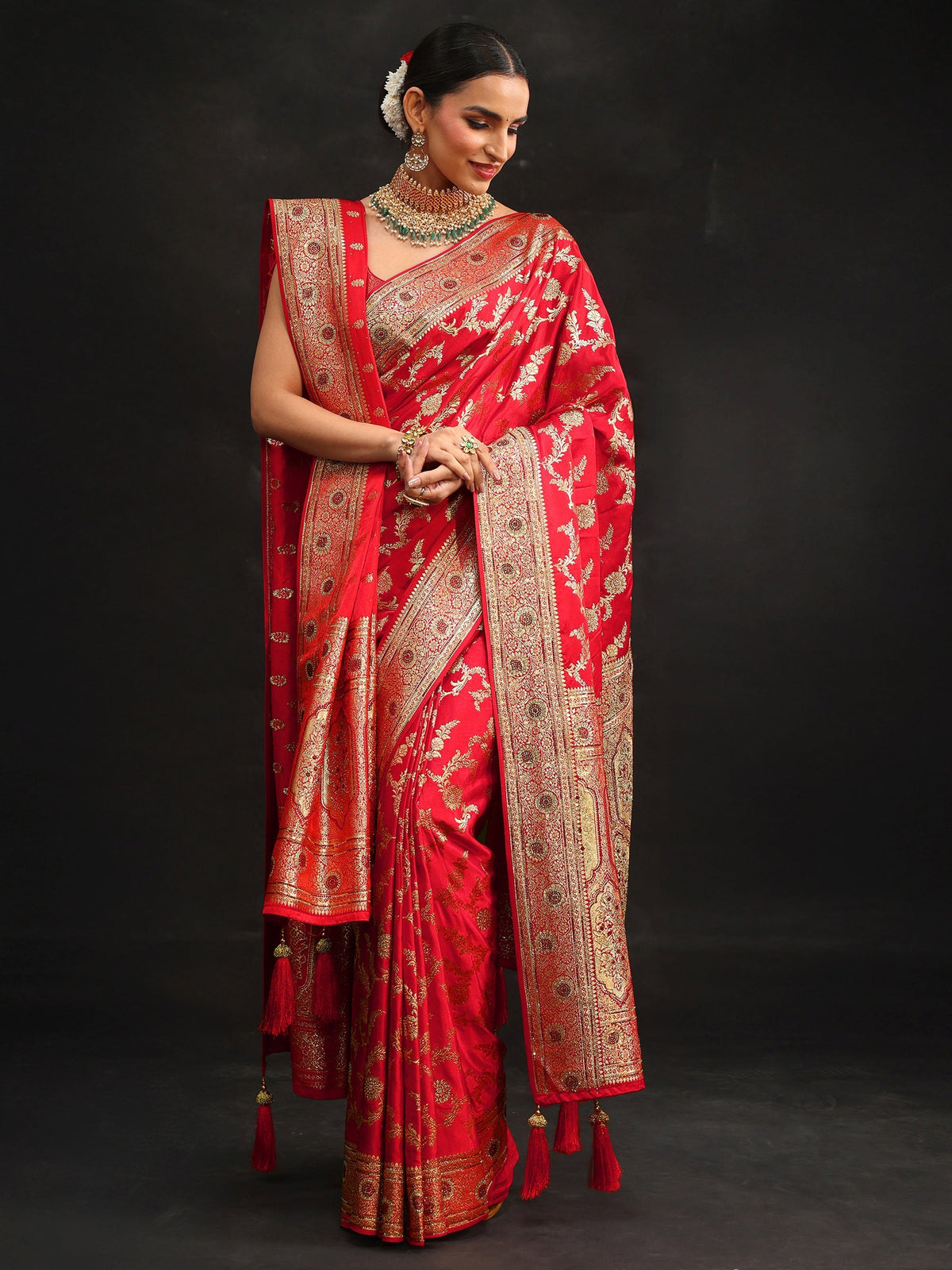 Anouk Art Vermillion Red Floral Design Banarasi Silk Blend Saree with Dupatta
