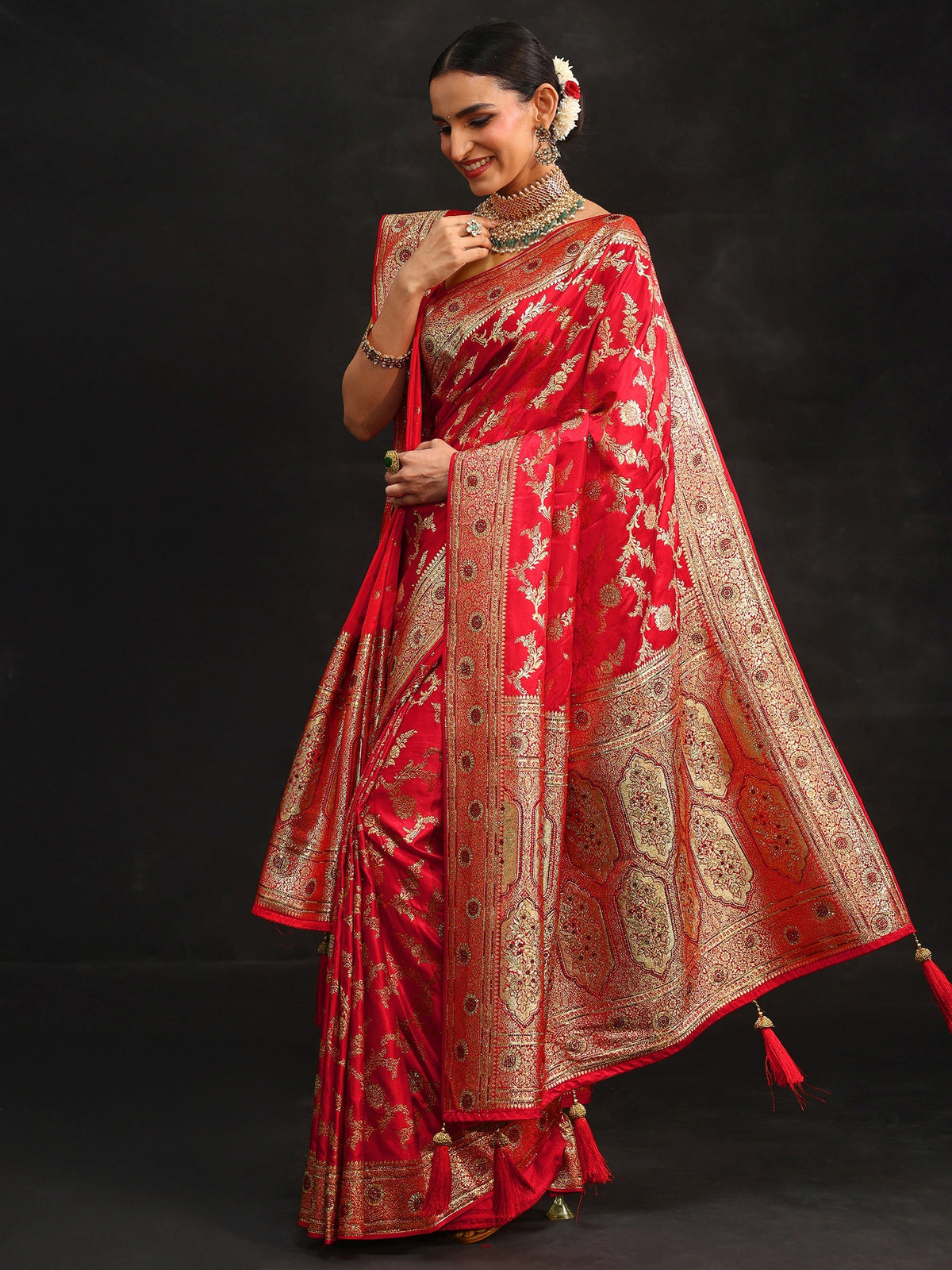 Anouk Art Vermillion Red Floral Design Banarasi Silk Blend Saree with Dupatta