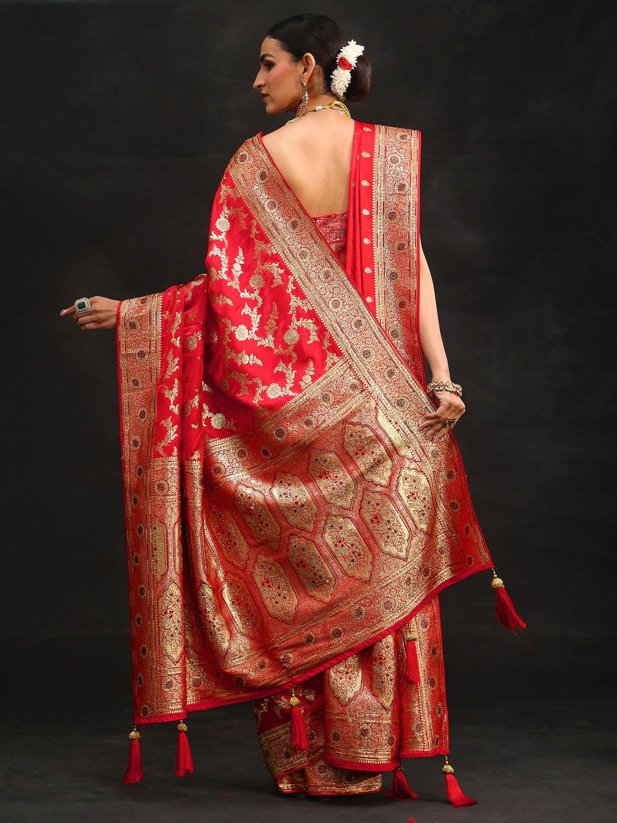 Anouk Art Vermillion Red Floral Design Banarasi Silk Blend Saree with Dupatta
