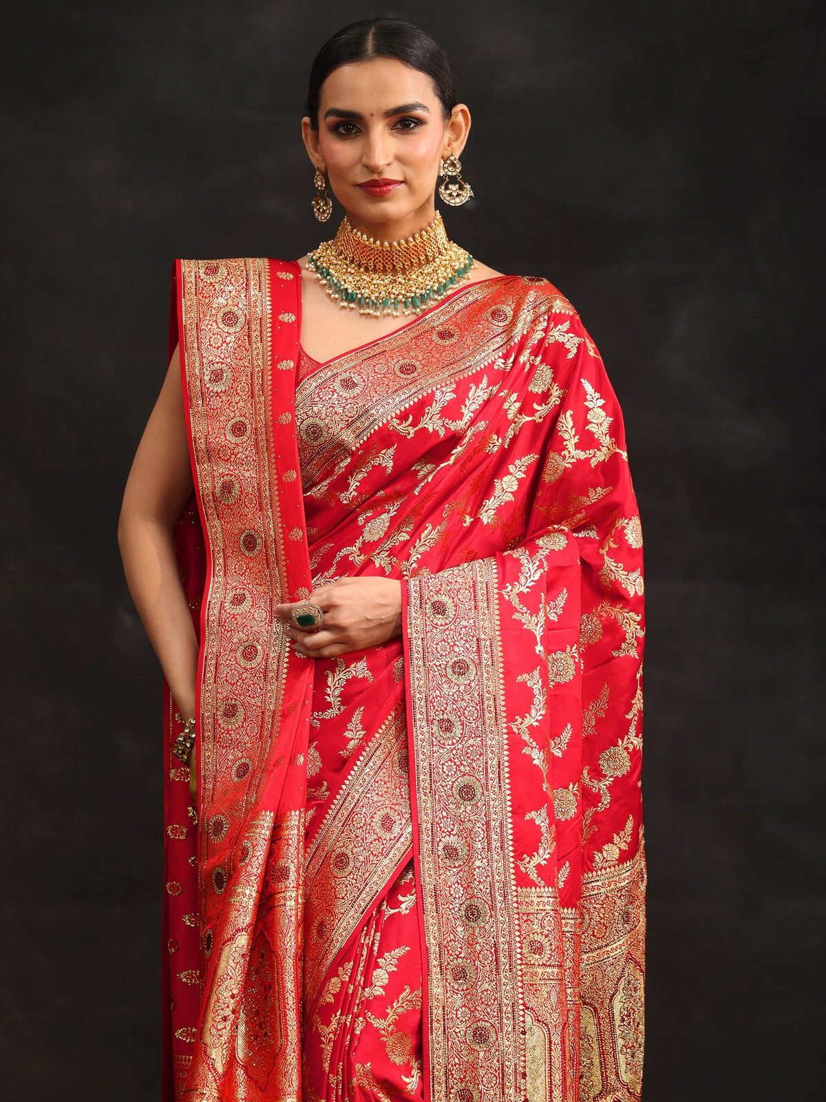 Anouk Art Vermillion Red Floral Design Banarasi Silk Blend Saree with Dupatta